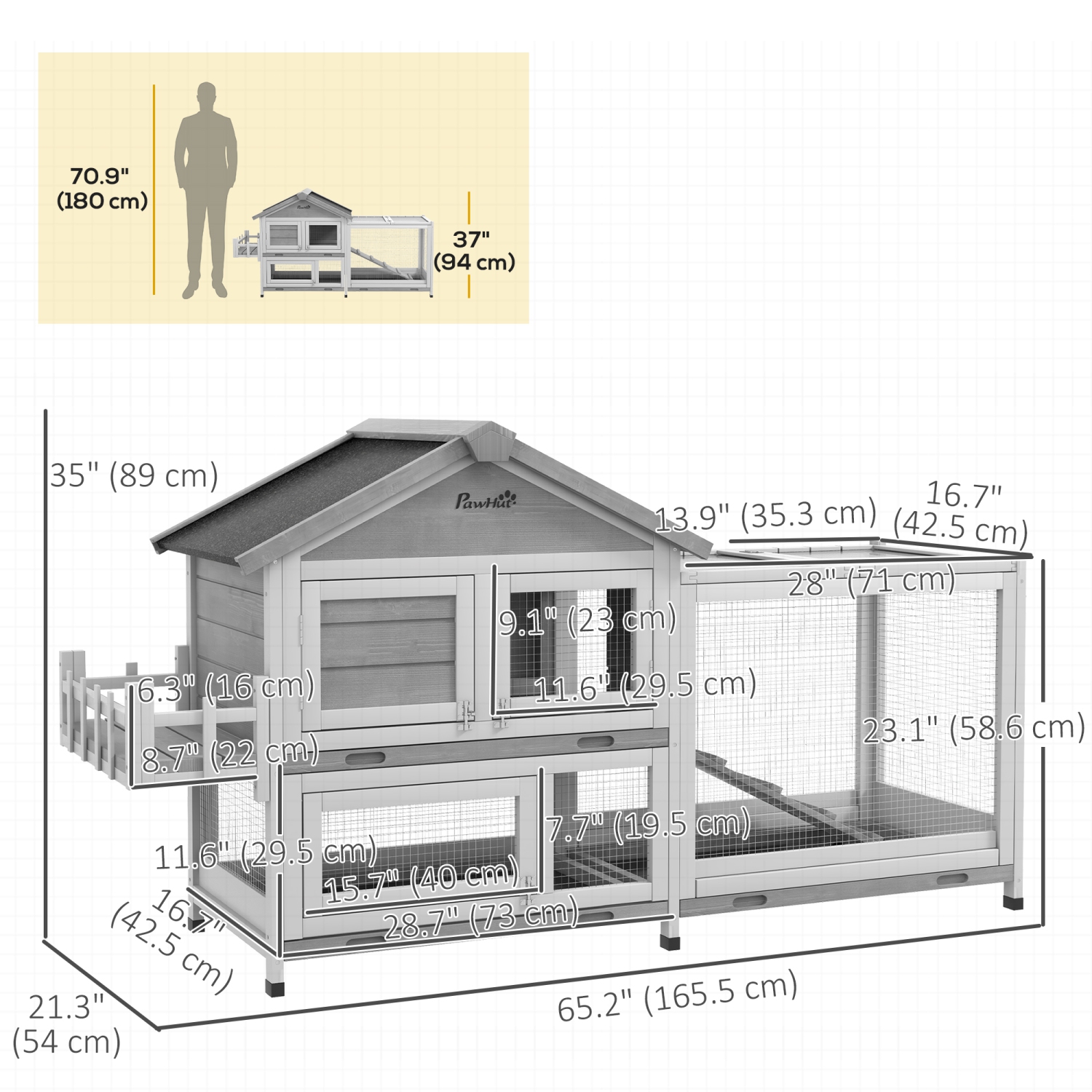 PawHut 65" Wooden Rabbit Hutch, Pet Playpen with Openable Roof, Bunny House Enclosure with Storage Box, Slide-out Tray, Ramp, for Rabbits and Small