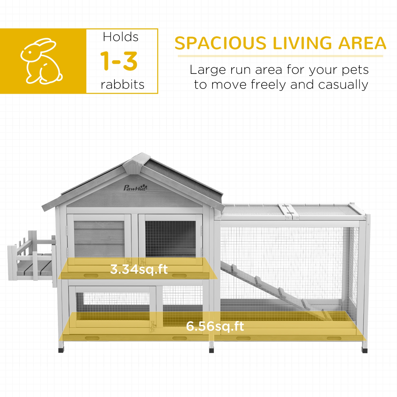 PawHut 65" Wooden Rabbit Hutch, Pet Playpen with Openable Roof, Bunny House Enclosure with Storage Box, Slide-out Tray, Ramp, for Rabbits and Small