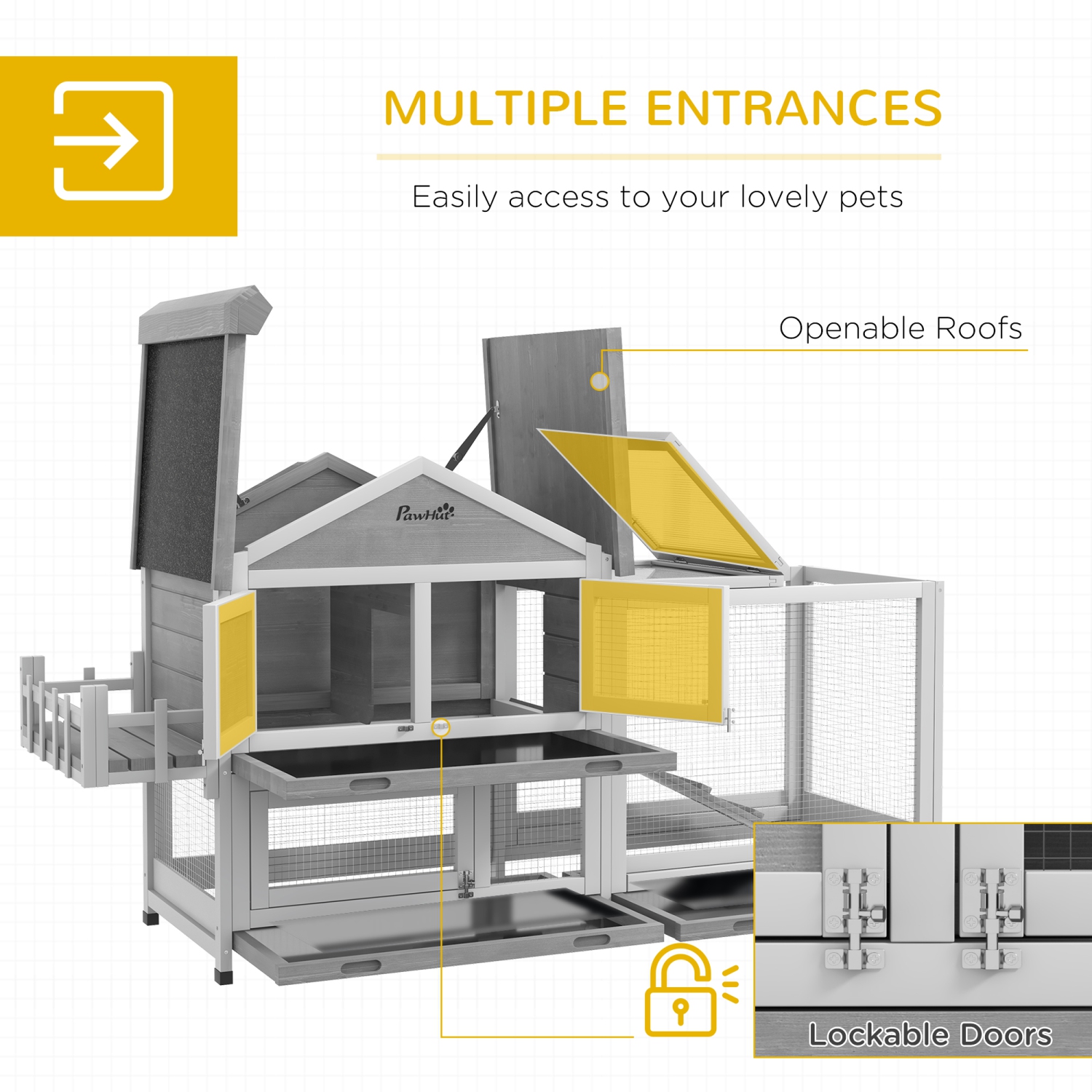 PawHut 65" Wooden Rabbit Hutch, Pet Playpen with Openable Roof, Bunny House Enclosure with Storage Box, Slide-out Tray, Ramp, for Rabbits and Small