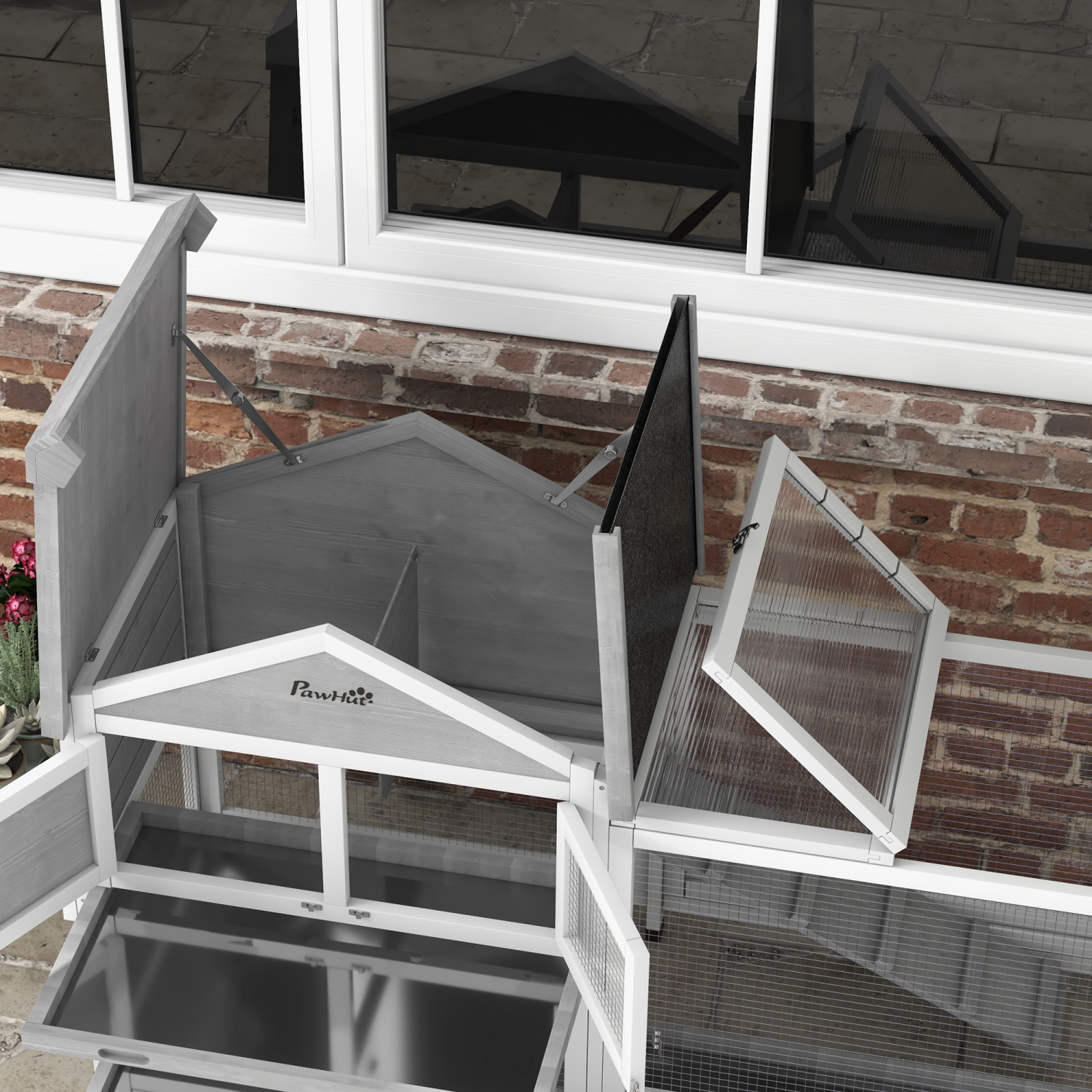 PawHut 65" Wooden Rabbit Hutch, Pet Playpen with Openable Roof, Bunny House Enclosure with Storage Box, Slide-out Tray, Ramp, for Rabbits and Small