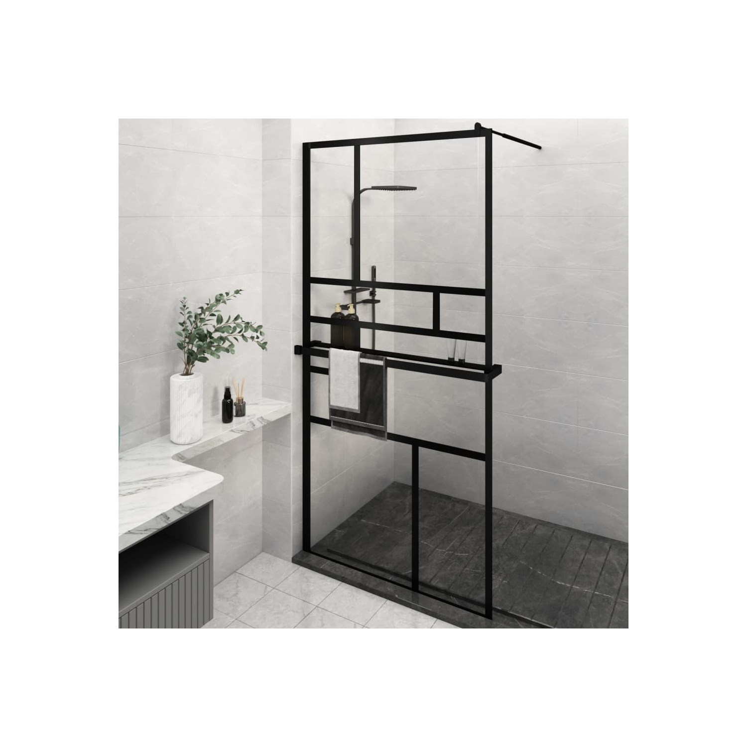 vidaXL Walk-in Shower Wall with Shelf Black 115x195 cm ESG Glass&Aluminium