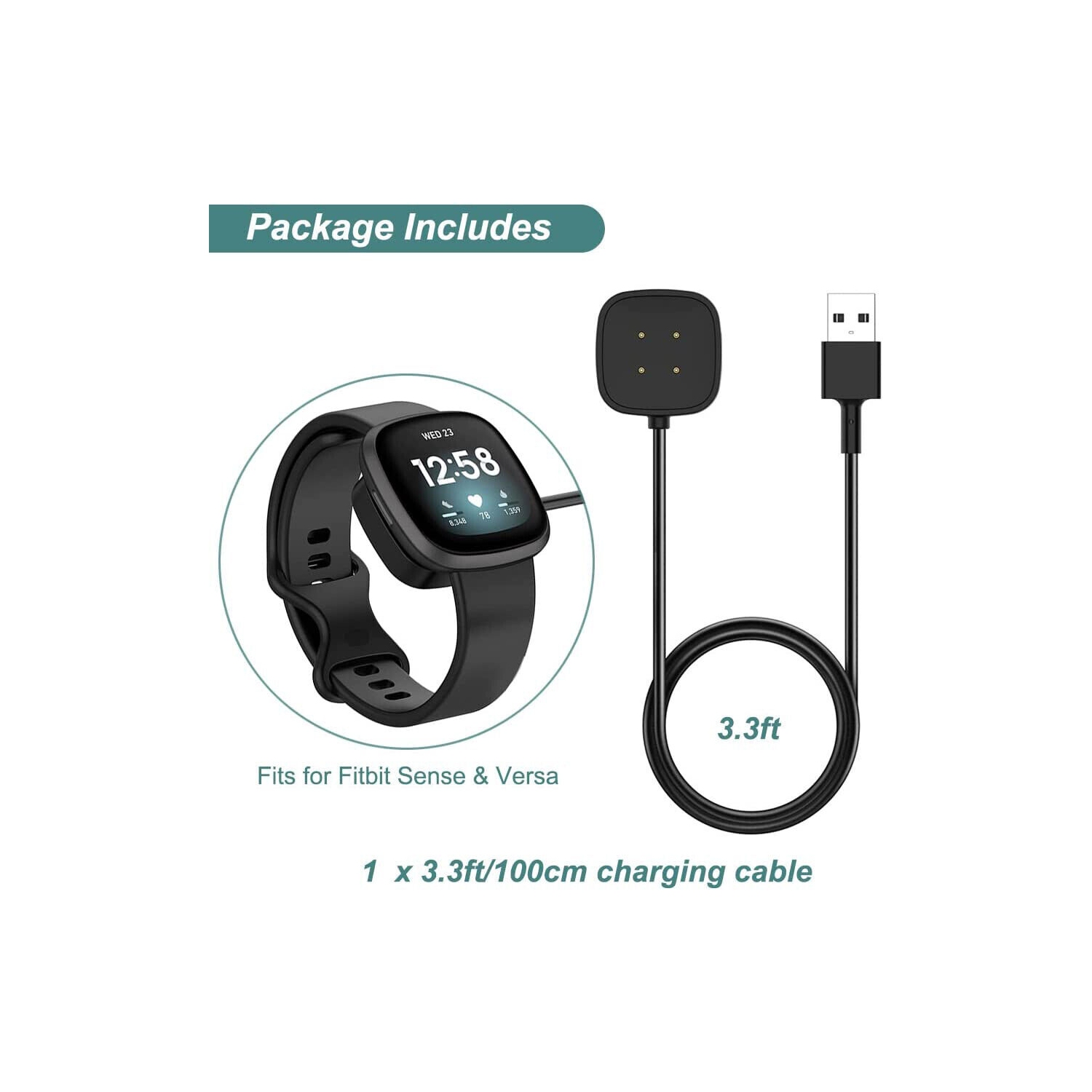 Chargeur USB compatible avec les montres intelligentes Versa 4/Versa 3/Sense 2/Sense de Fitbit, lot de 2 câbles de recharge rapide câble de recharge
