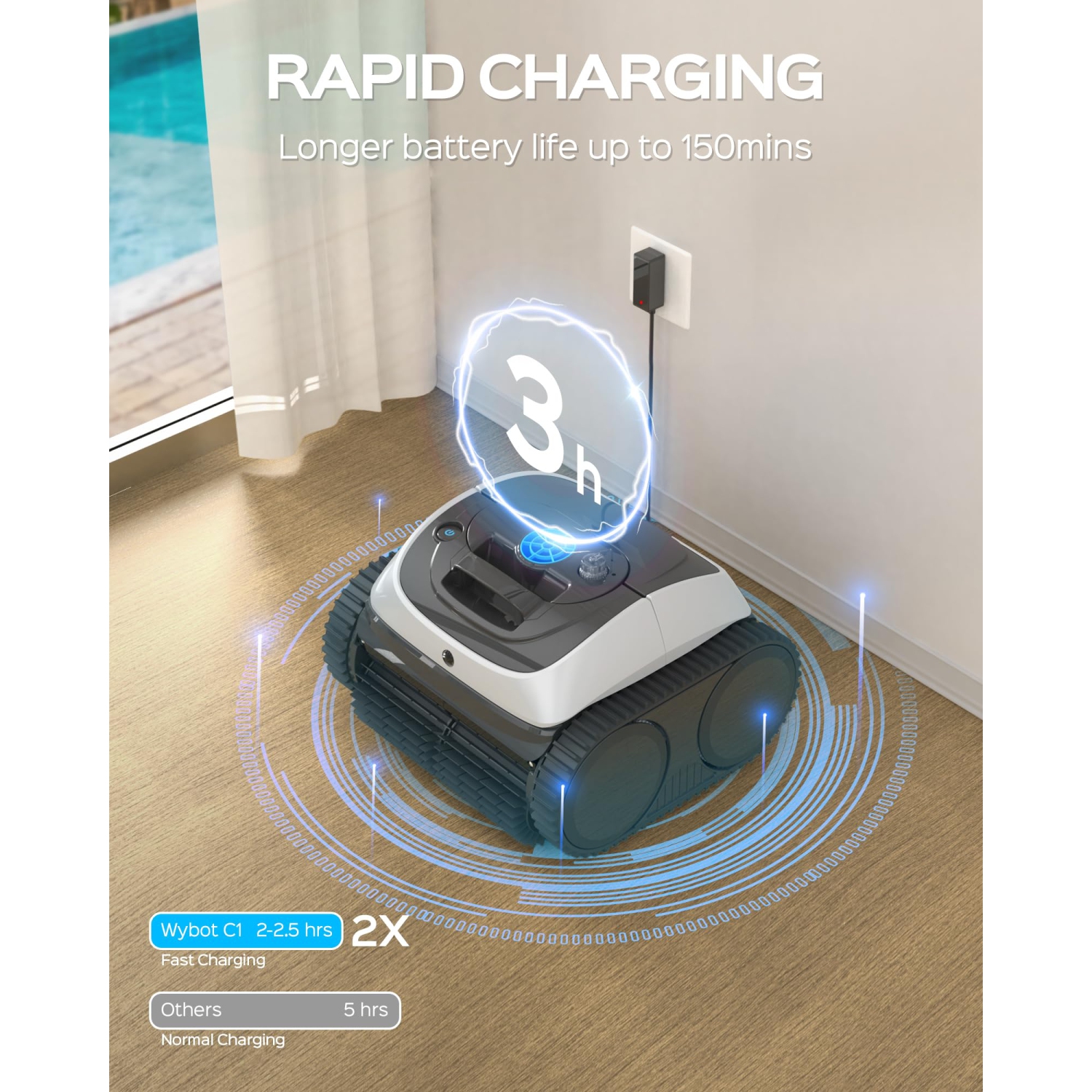 2025 New WYBOT C1 Cordless Robotic Pool Cleaner, 150-Min Runtime Full Pool Cleaning for In-Ground Pools up to 1600 sq. ft, Smart Path Planning, Wall