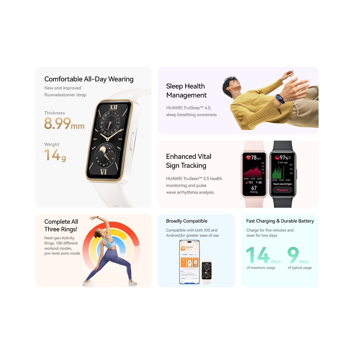 Bracelet 9 DE HUAWEI，Port confortable toute la journée, recharge rapide et batterie durable，Réglages intelligents de la luminosité，100 modes