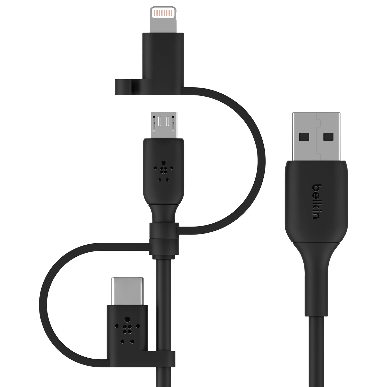 Câble USB-A à micro-USB 3-en-1 de 1 m avec adaptateurs USB-C/Lightning de Belkin (CAC001bt1MBK) - Noir