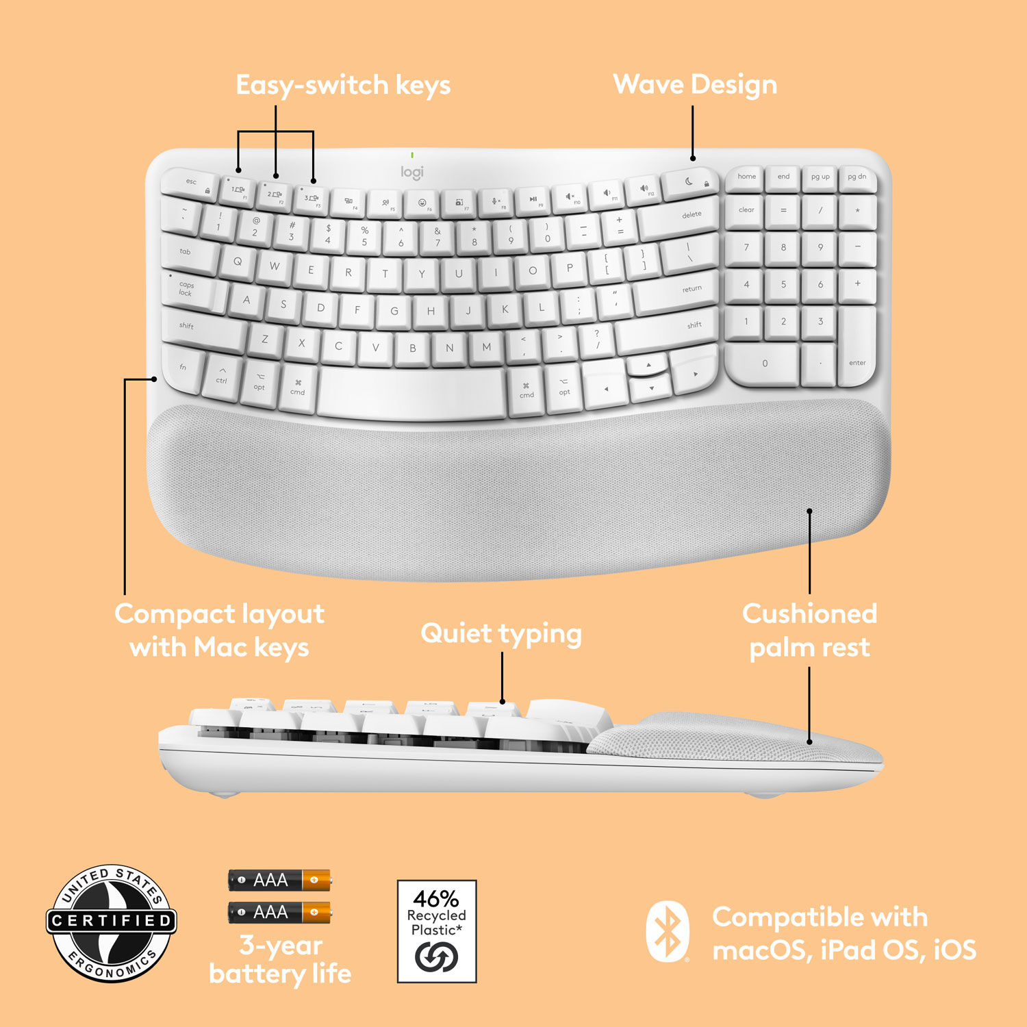 Clavier ergonomique pleine grandeur sans fil Wave Keys de Logitech pour Mac - Blanc cassé