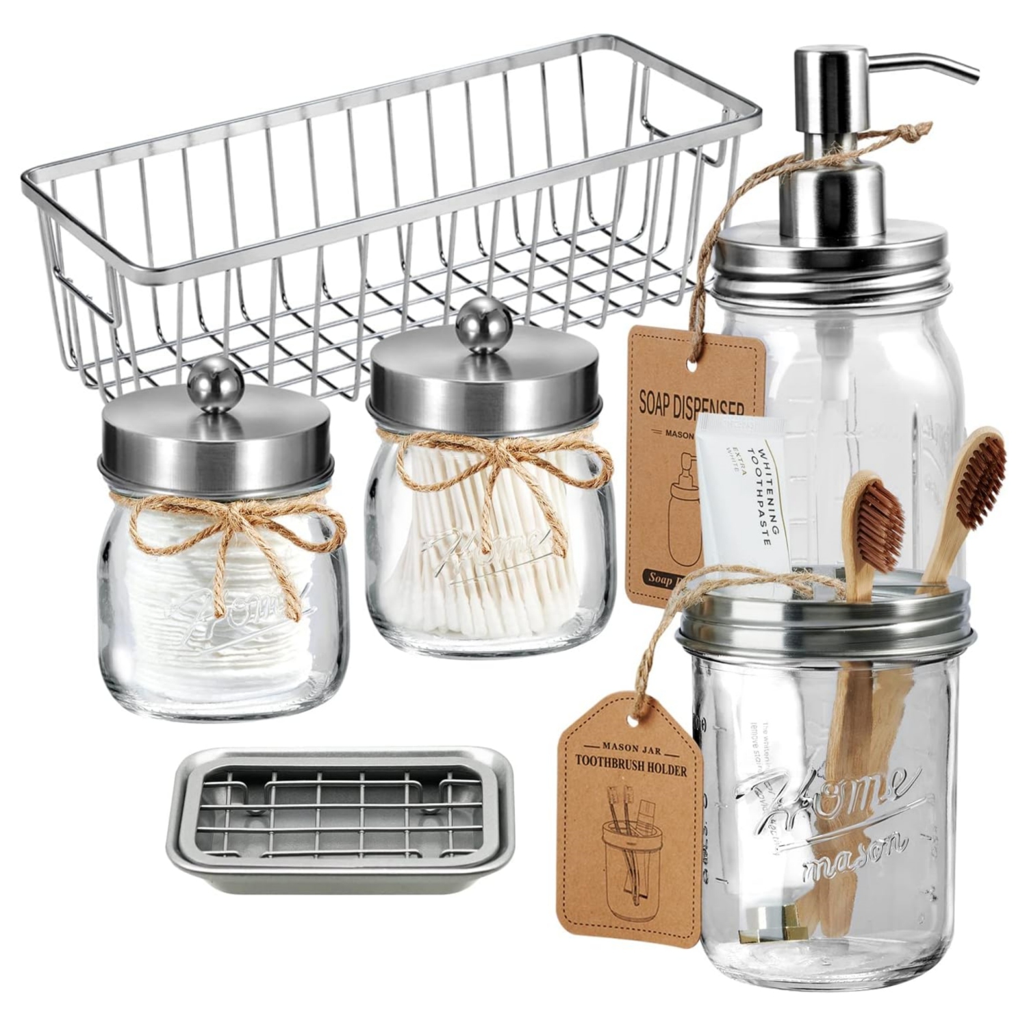 NIERBO Brushed Nickel 6 Pieces Premium Mason Jar Bathroom Accessories Set - Rustic Farmhouse Decor, for Bathroom, Kitchen