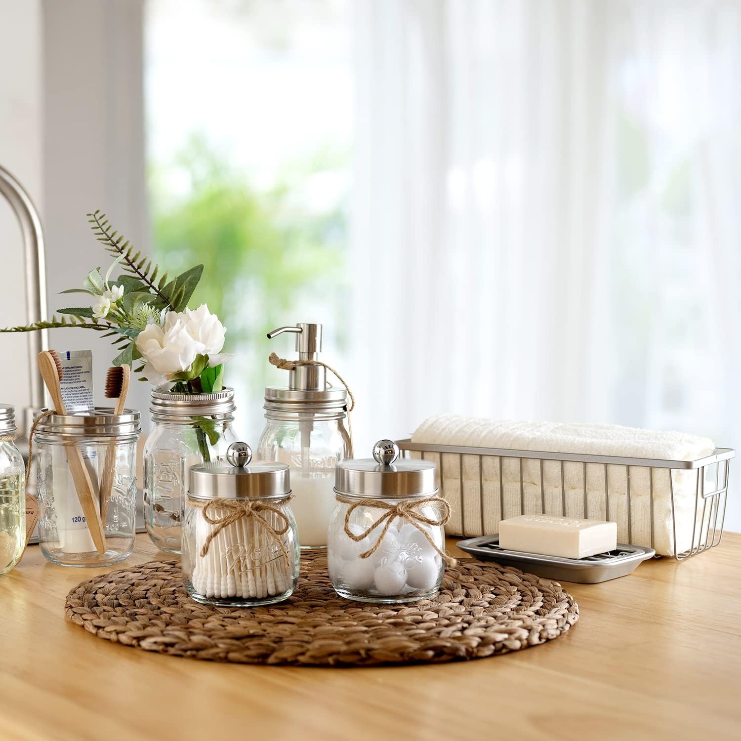 NIERBO Brushed Nickel 6 Pieces Premium Mason Jar Bathroom Accessories Set - Rustic Farmhouse Decor, for Bathroom, Kitchen