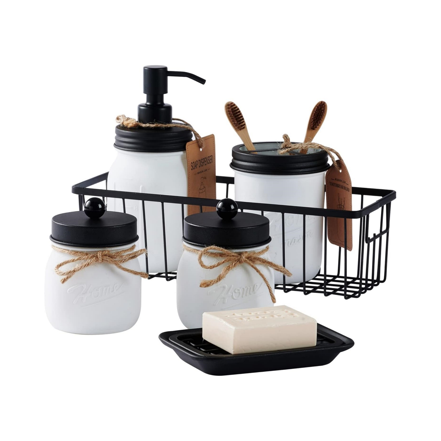 NIERBO White & Black 6 Pieces Premium Mason Jar Bathroom Accessories Set - Rustic Farmhouse Decor, for Bathroom, Kitchen