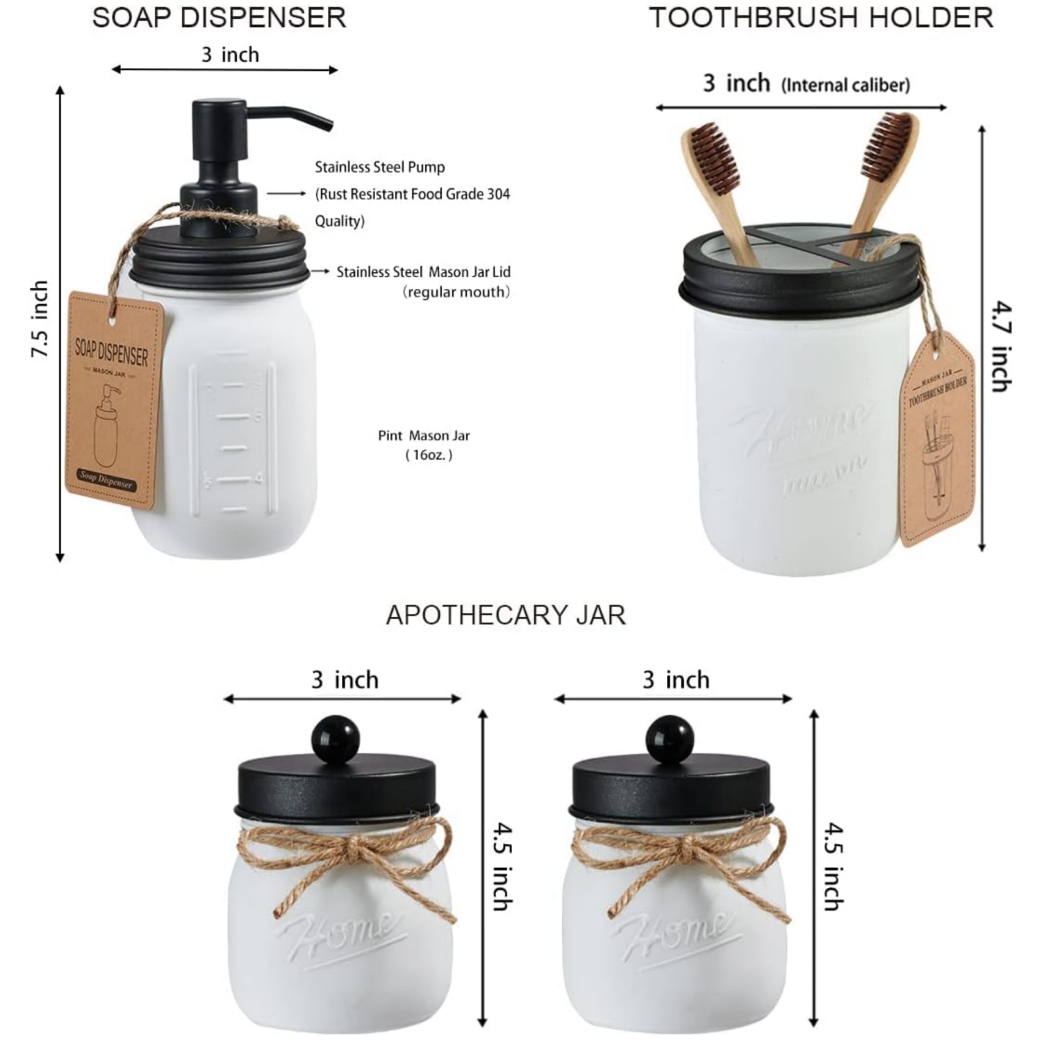 NIERBO White & Black 6 Pieces Premium Mason Jar Bathroom Accessories Set - Rustic Farmhouse Decor, for Bathroom, Kitchen