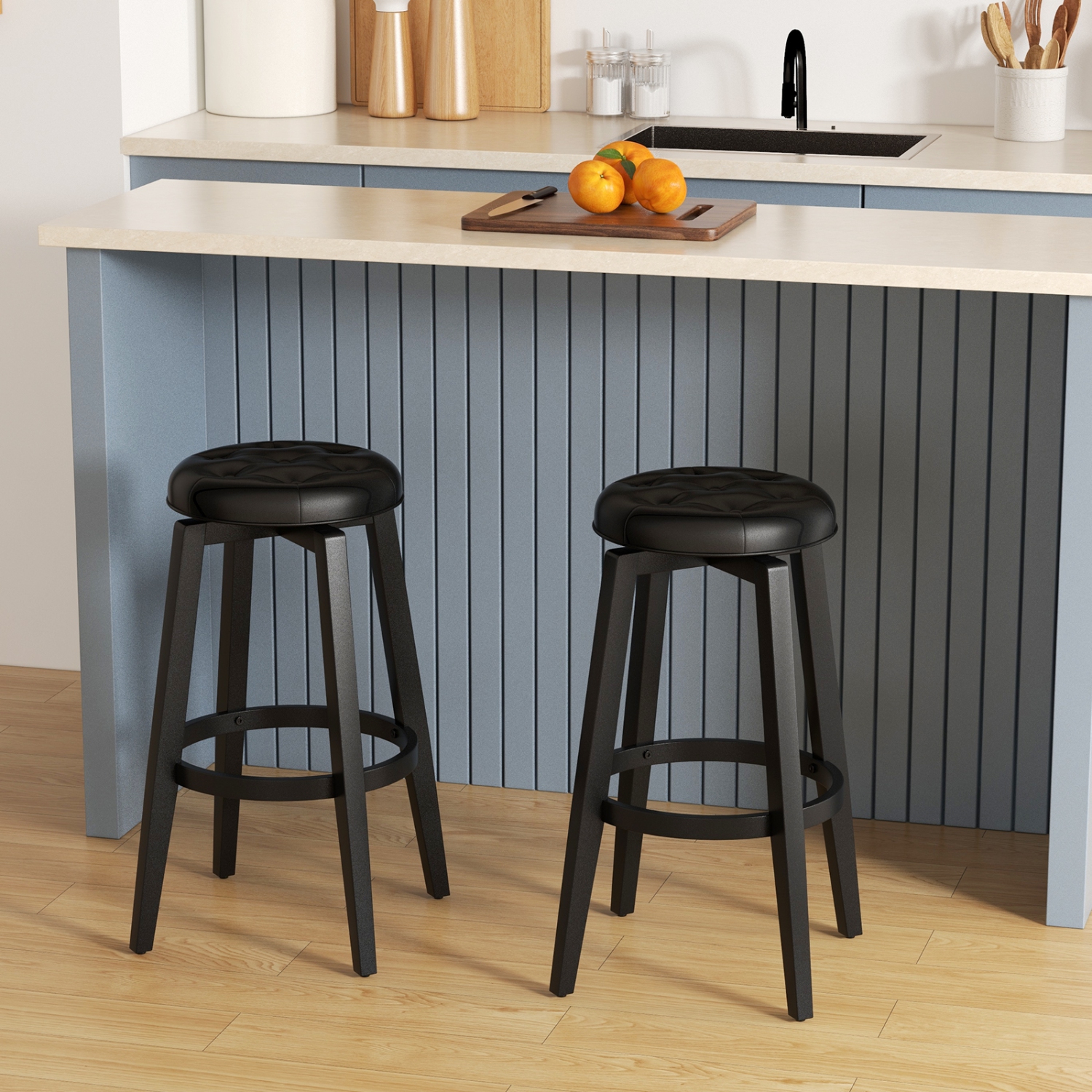 Costway 30" Swivel Bar Stool Set of 2 Upholstered Bar Height Rubber Wood Frame Black