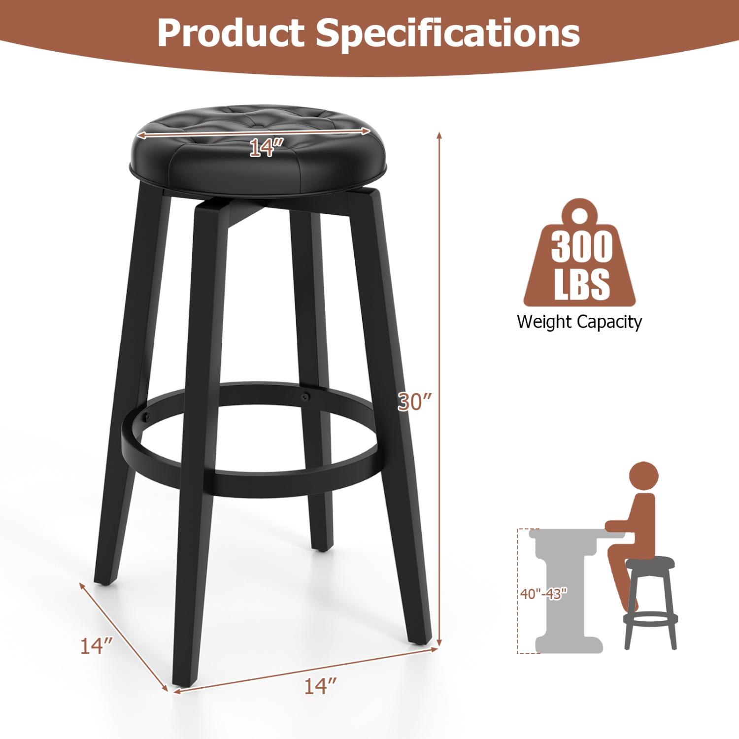 Costway 30" Swivel Bar Stool Set of 2 Upholstered Bar Height Rubber Wood Frame Black