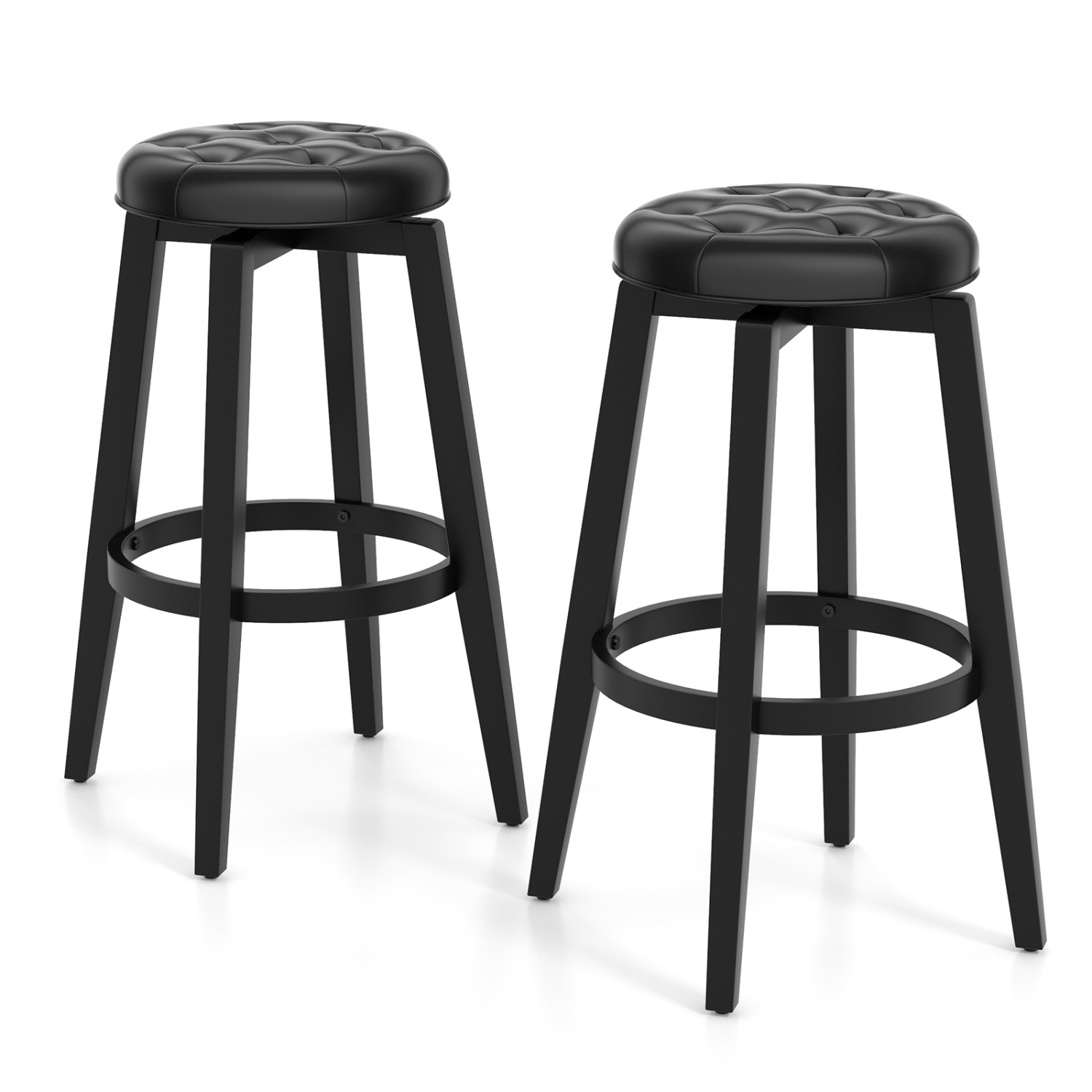 Costway 30" Swivel Bar Stool Set of 2 Upholstered Bar Height Rubber Wood Frame Black
