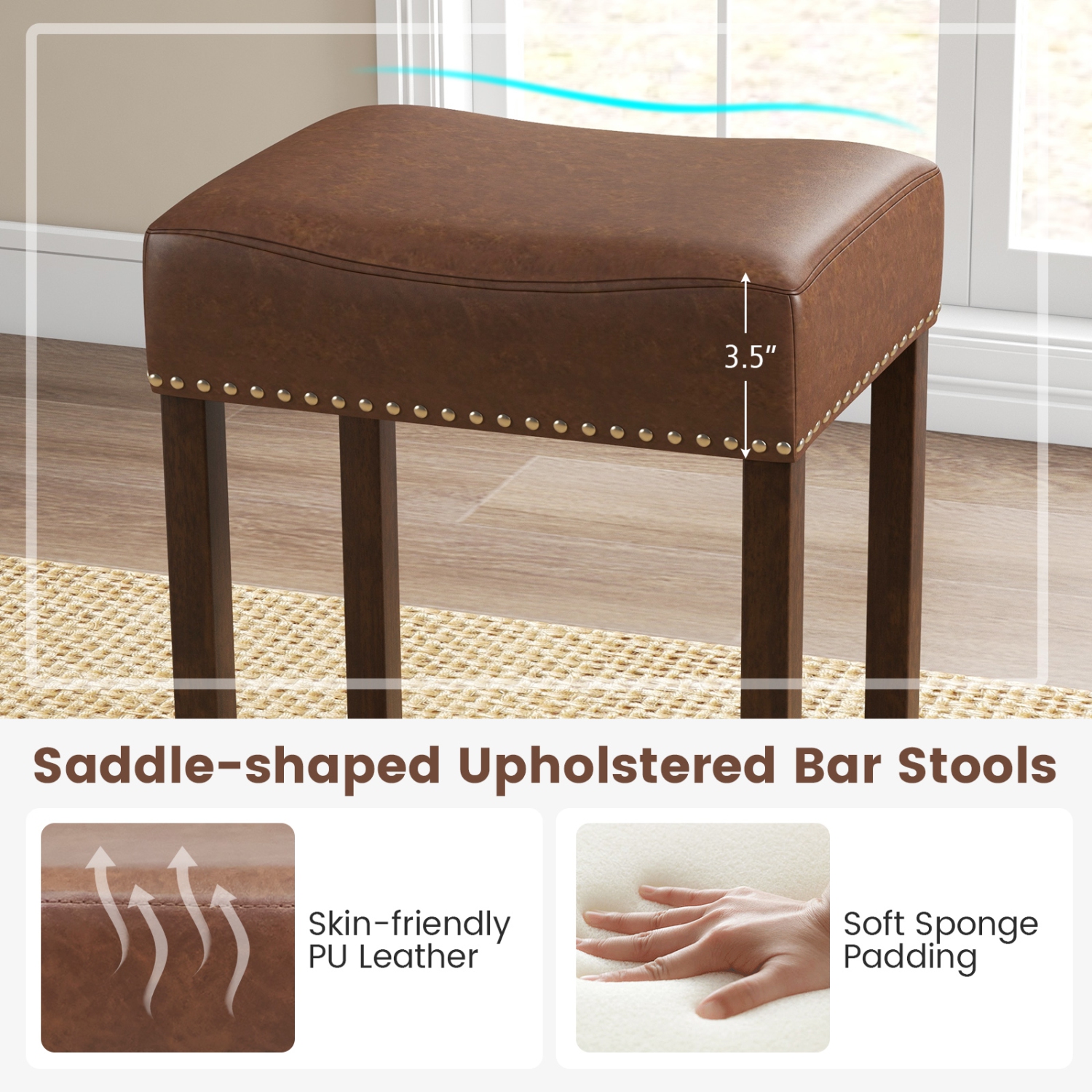 Ensemble de 2 tabourets de bar rembourrés de 24 po avec repose-pieds en hévéa de Costway en forme de selle