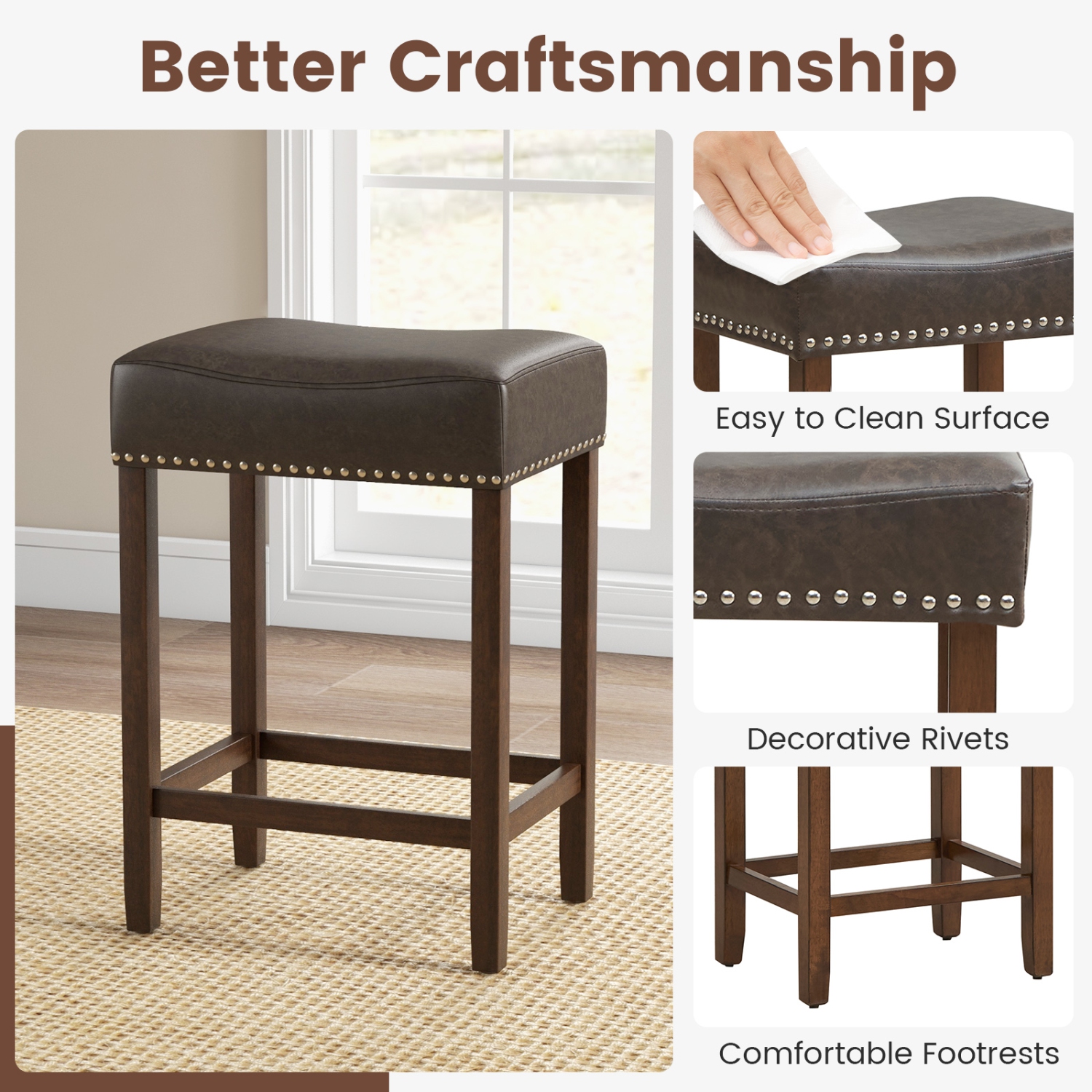 Ensemble de 2 tabourets de bar rembourrés de 24 po avec repose-pieds en hévéa de Costway en forme de selle