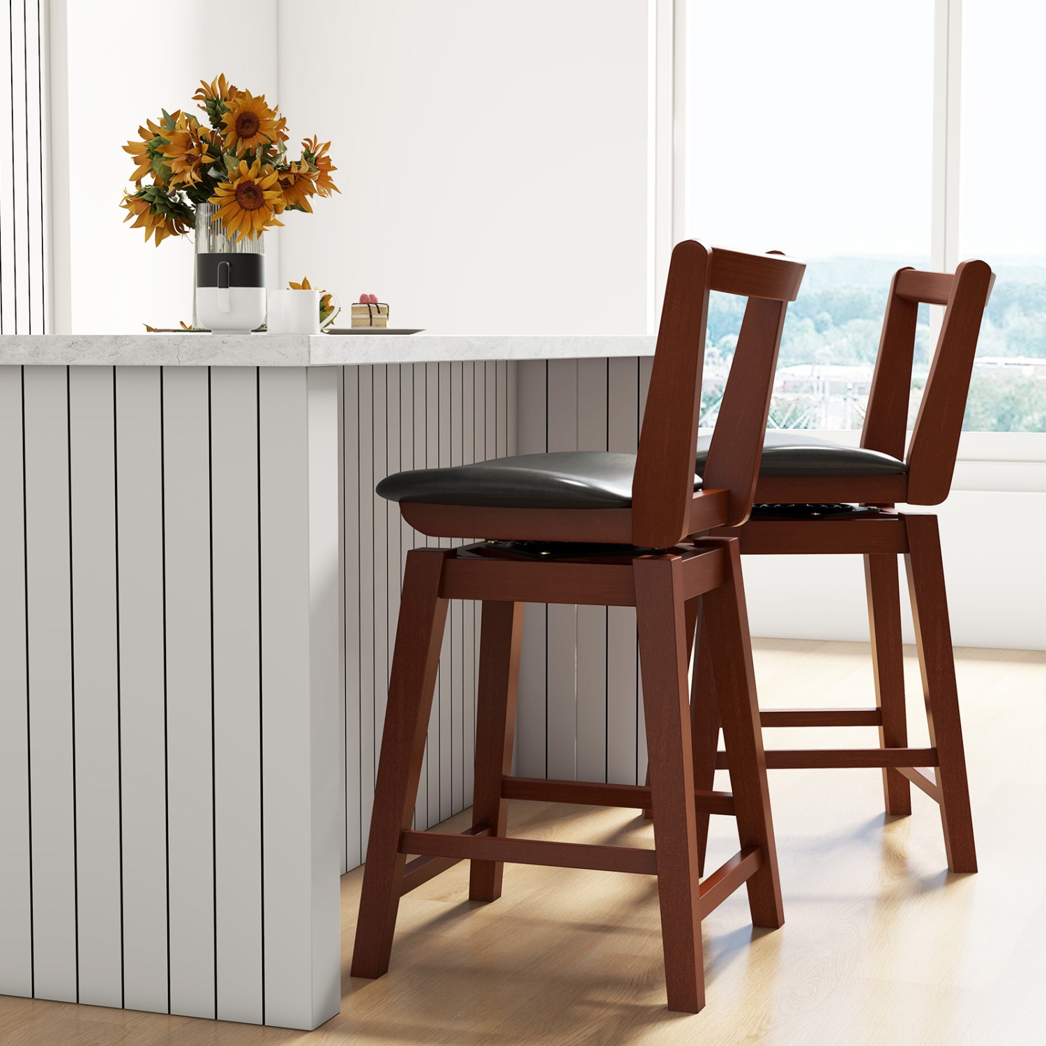 Costway Swivel Counter Height Bar Stool Set of 2 26" Upholstered PU Leather Kitchen