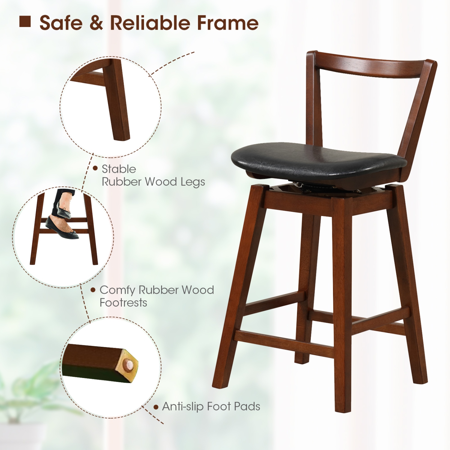 Costway Swivel Counter Height Bar Stool Set of 2 26" Upholstered PU Leather Kitchen