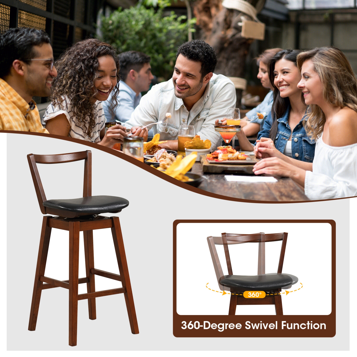 Costway Swivel Counter Height Bar Stool Set of 2 26" Upholstered PU Leather Kitchen