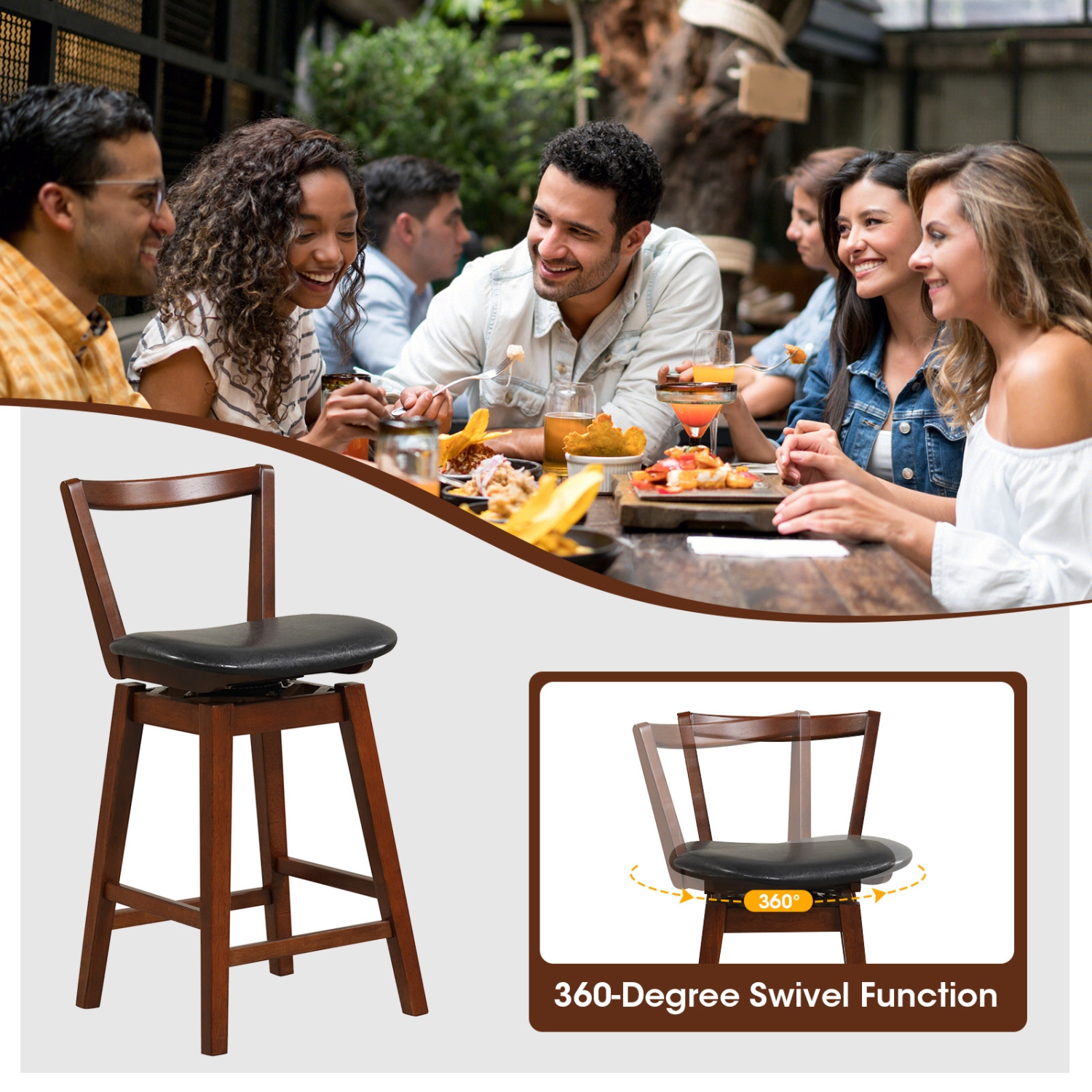 Costway Swivel Counter Height Bar Stool 1PC 26" Upholstered PU Leather Hollow Backrest