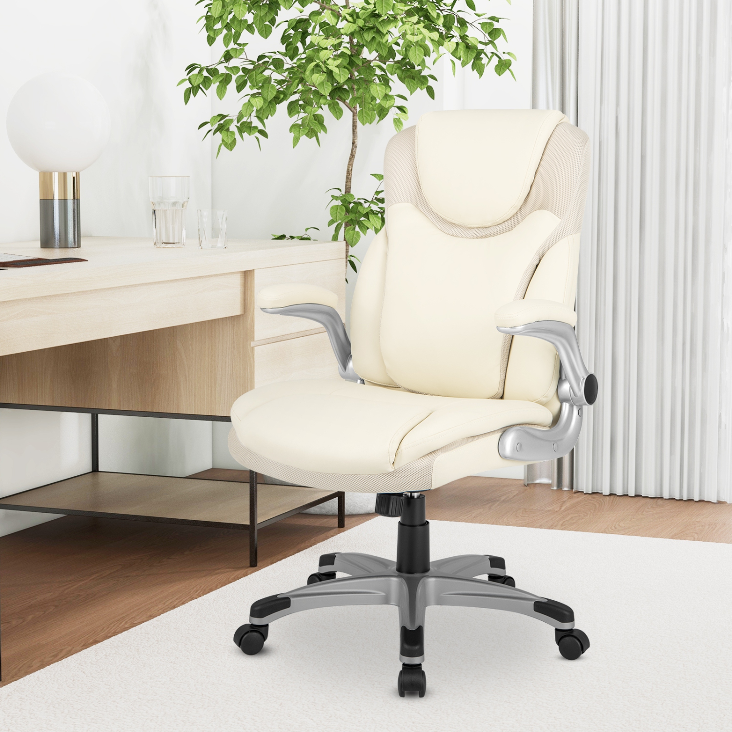 Fauteuil de bureau ergonomique pivotant en cuir de polyuréthane avec accoudoirs rabattables beige de Costway