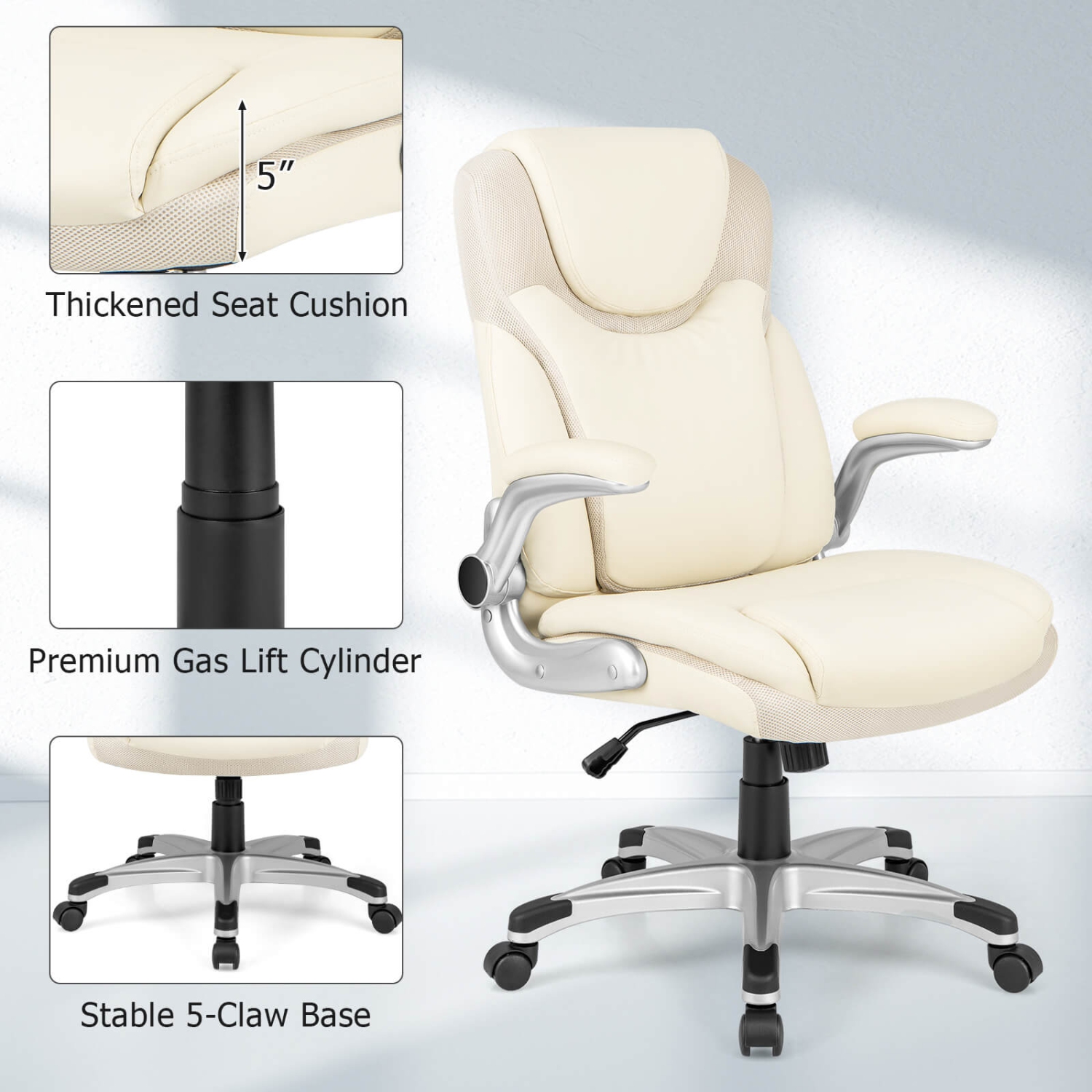 Fauteuil de bureau ergonomique pivotant en cuir de polyuréthane avec accoudoirs rabattables beige de Costway