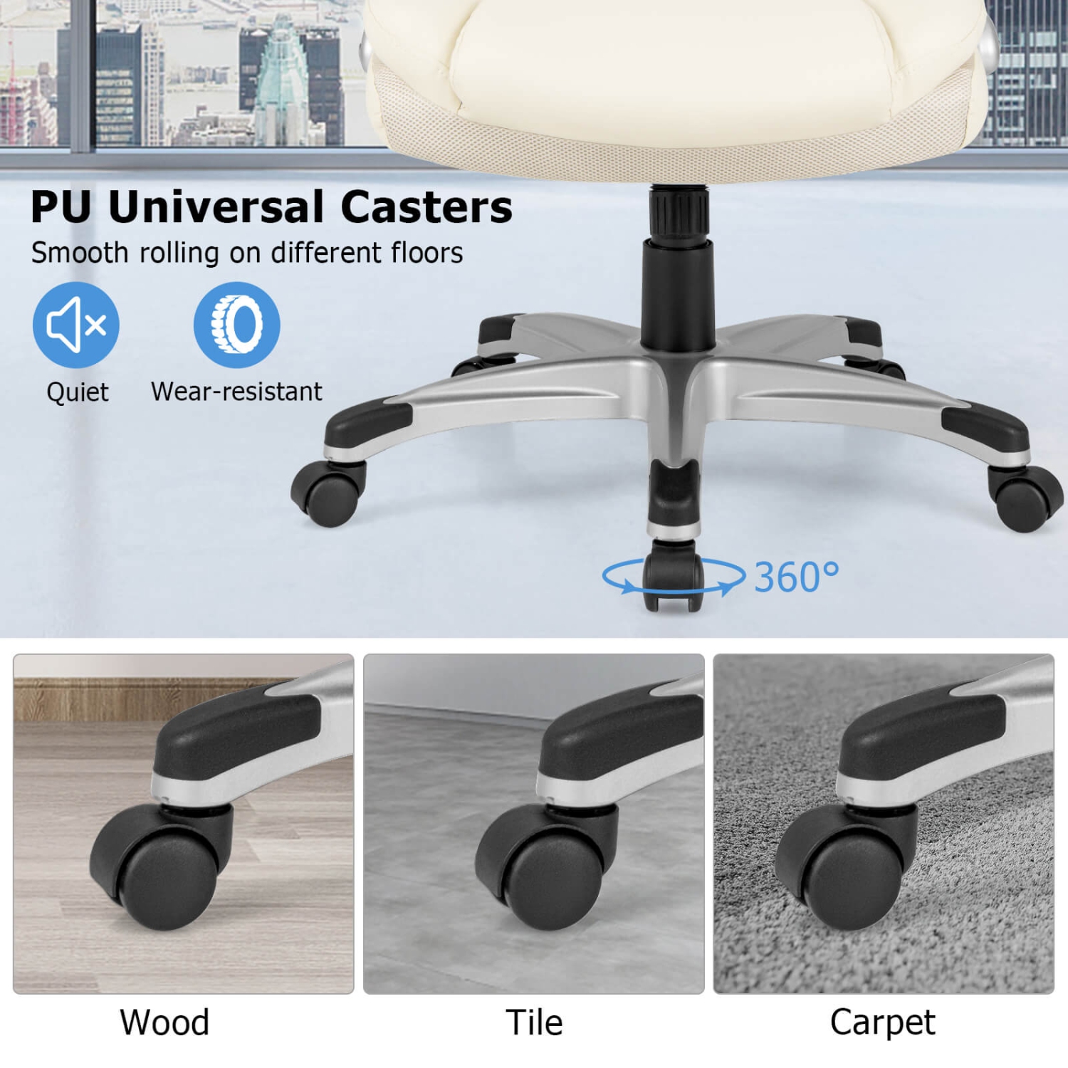 Fauteuil de bureau ergonomique pivotant en cuir de polyuréthane avec accoudoirs rabattables beige de Costway