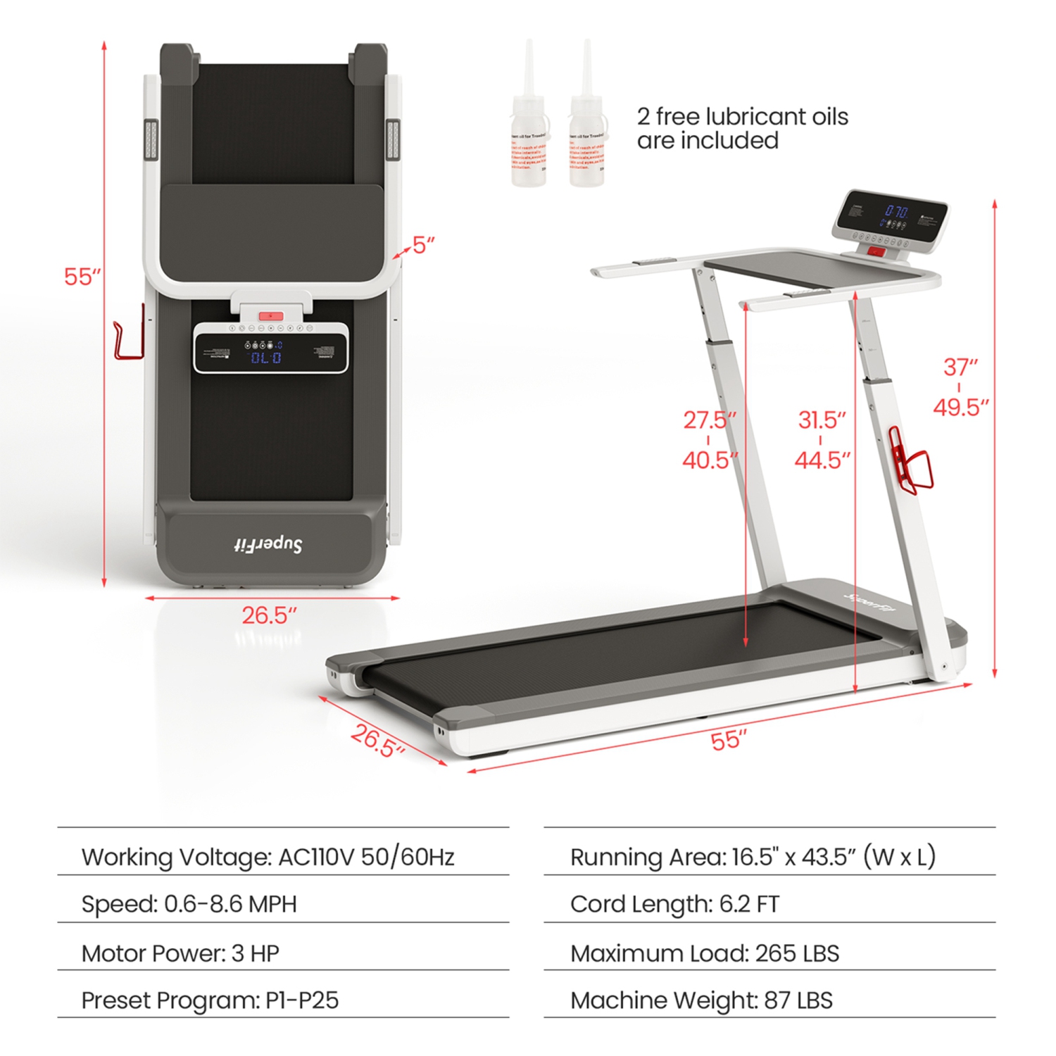 Superfit 3HP Running Machine Folding Treadmill Adjustable Height APP Control Table Board