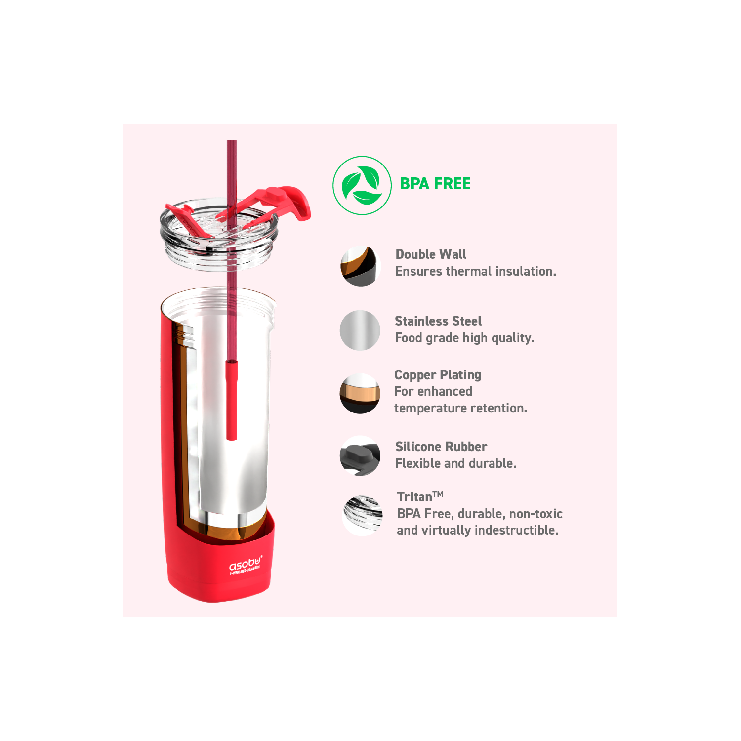 Asobu Aqualina Stainless Steel Insulated Water Bottle with Interchangeable Hot and Cold Lid and Built in Straw