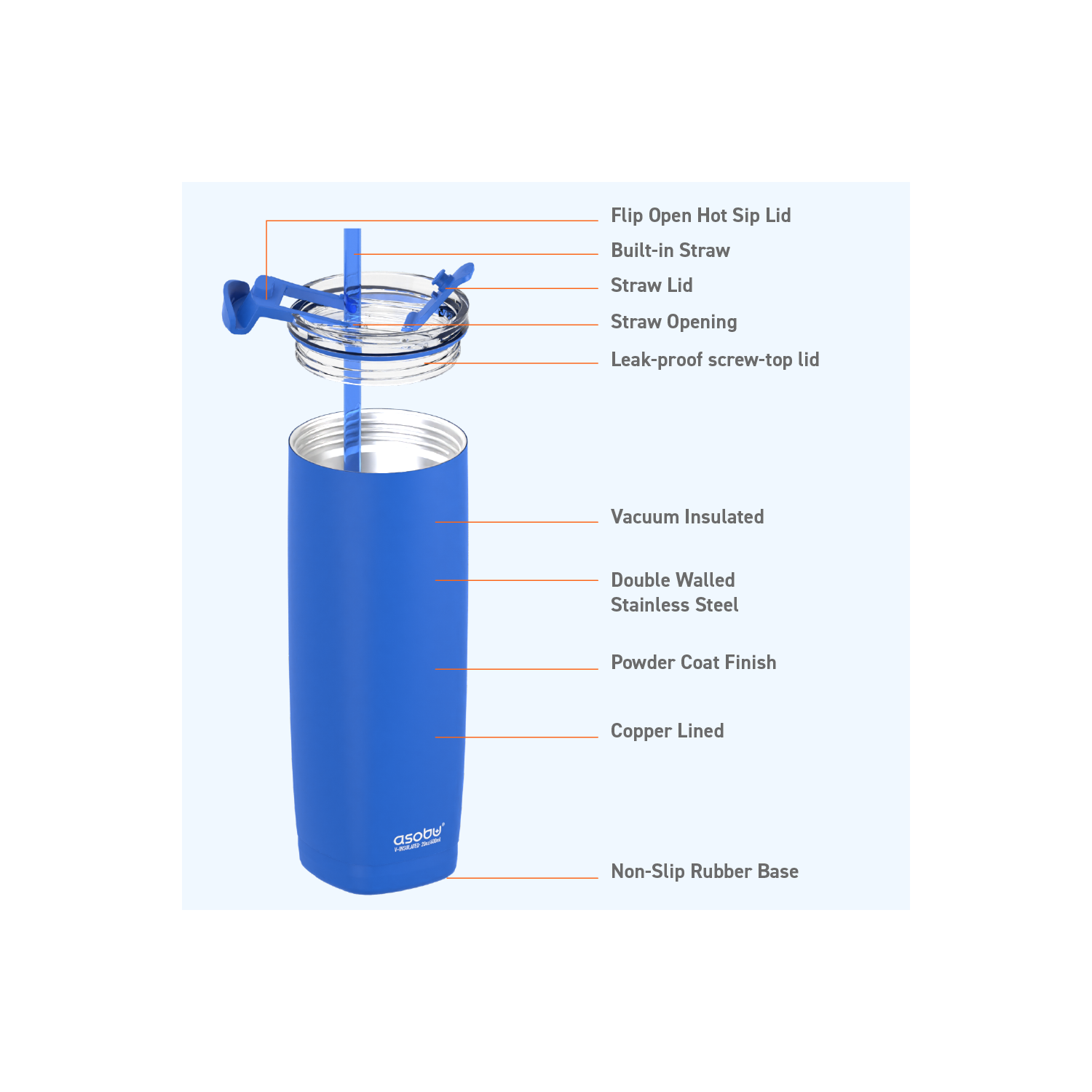 Asobu Aqualina Stainless Steel Insulated Water Bottle with Interchangeable Hot and Cold Lid and Built in Straw