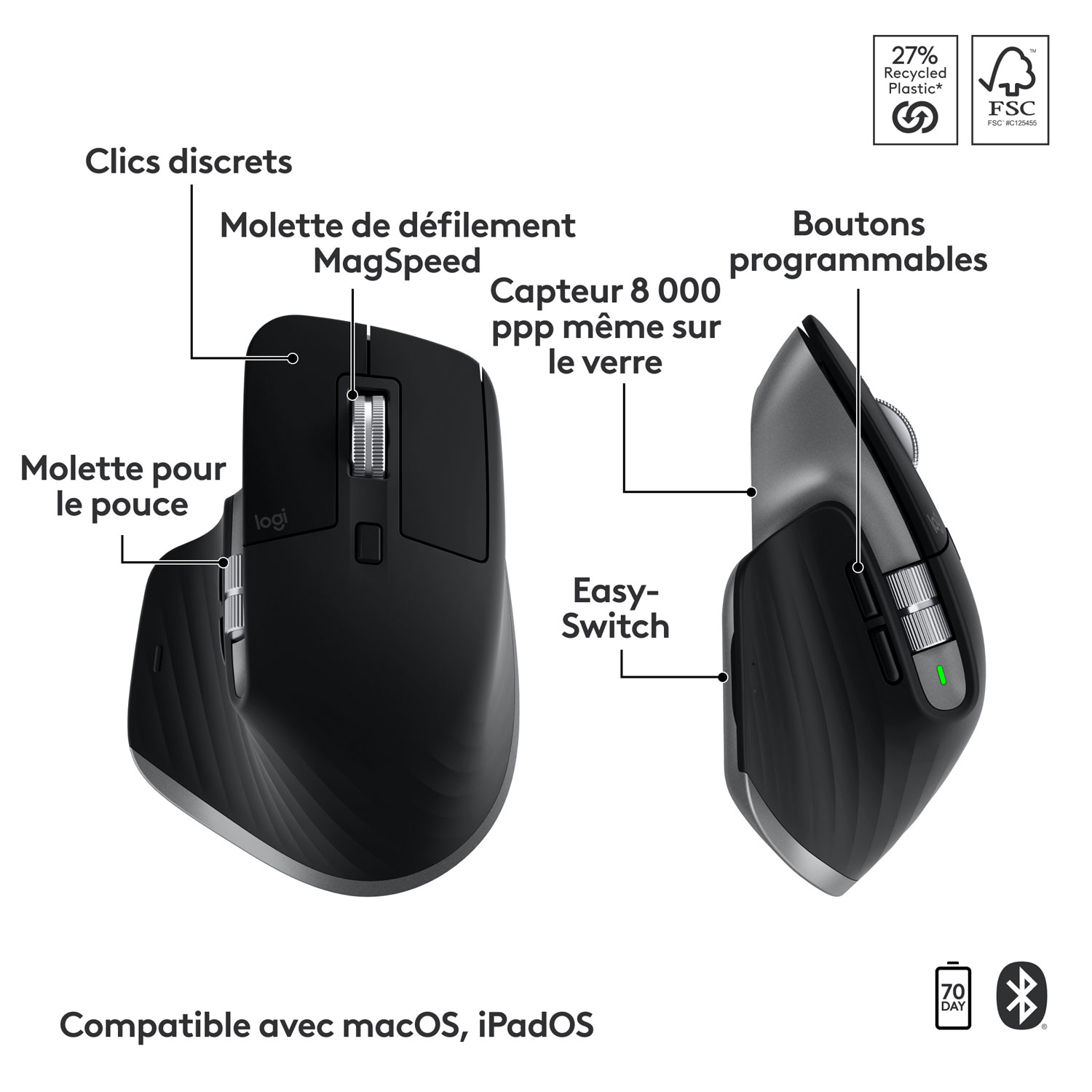 Ensemble Bluetooth MX Keys S de Logitech pour Mac/iPad - Gris cosmique