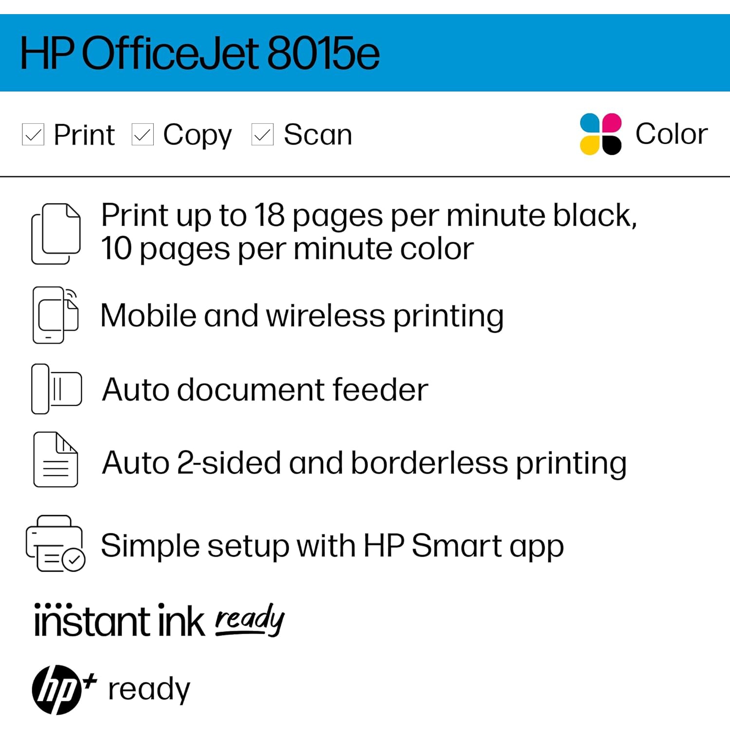 HP OfficeJet 8015e Wireless All-in-One Printer - Bonus 3 Months Ink with HP