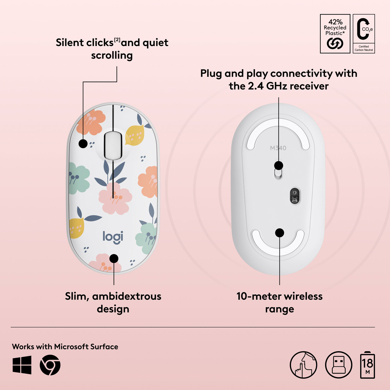 Souris sans fil à suivi optique de 1000 ppp M340 de Logitech - Bouquet de fleurs