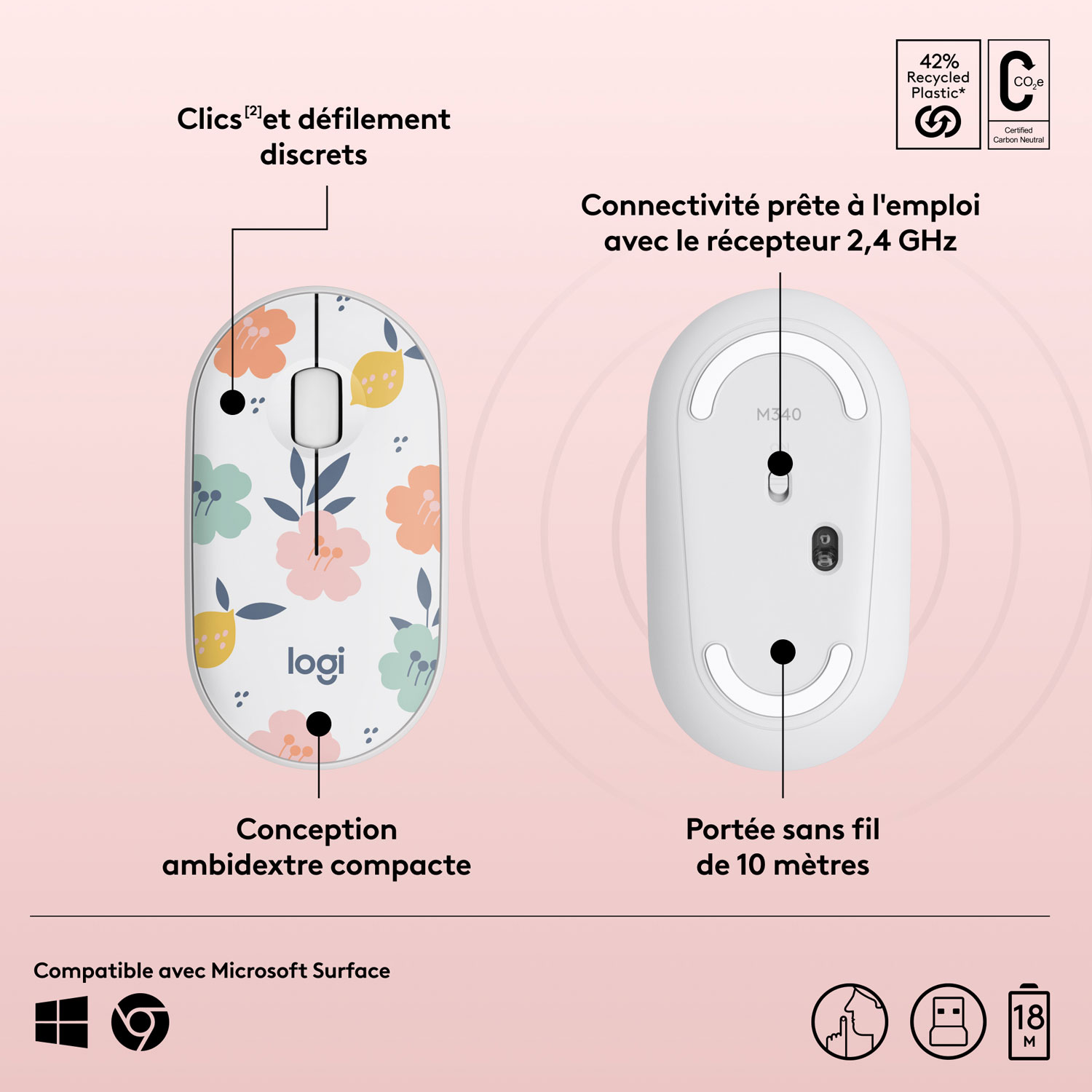 Souris sans fil à suivi optique de 1000 ppp M340 de Logitech - Bouquet de fleurs