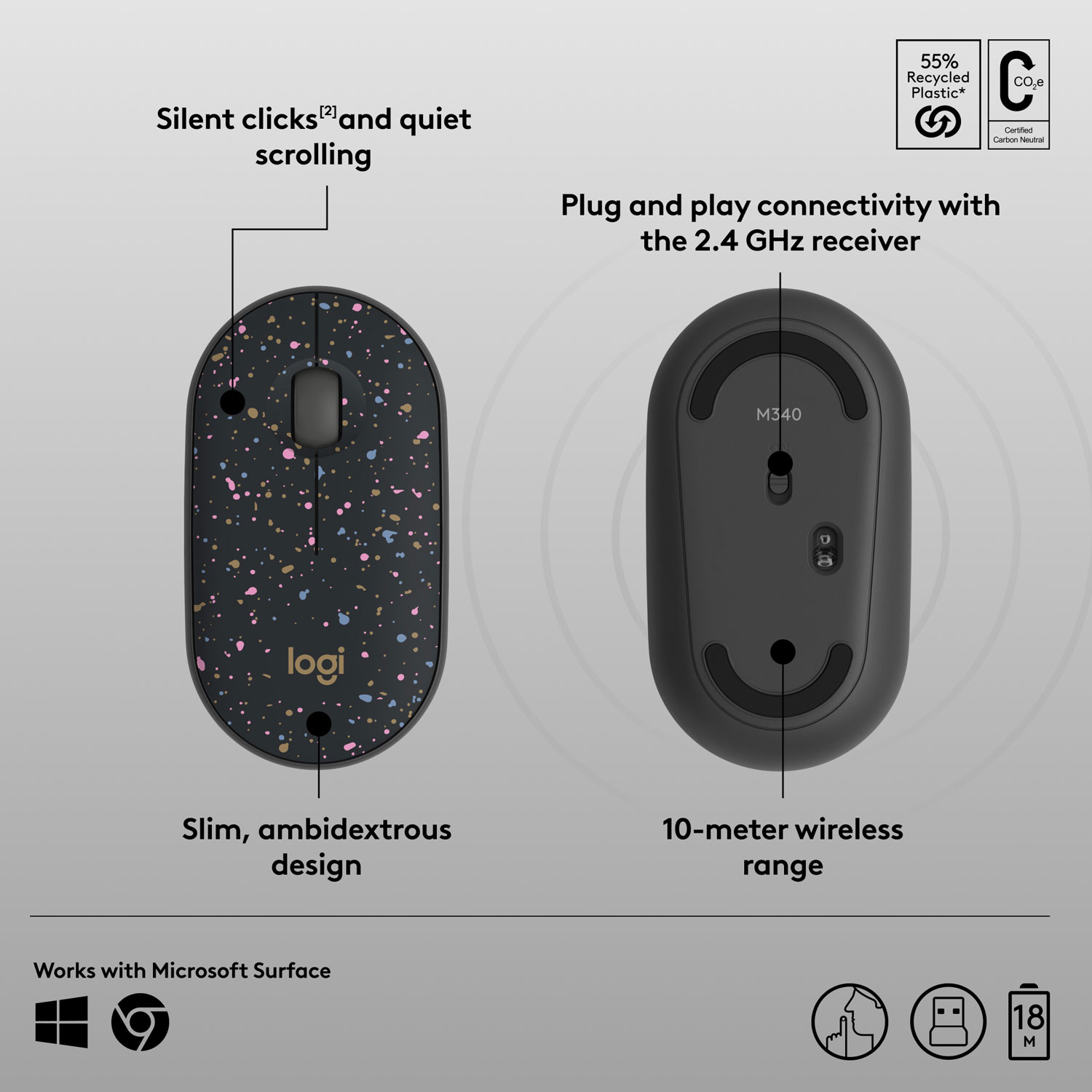 Souris de jeu optique sans fil de 1000 ppp M340 X LIGHTSPEED de Logitech - Taches