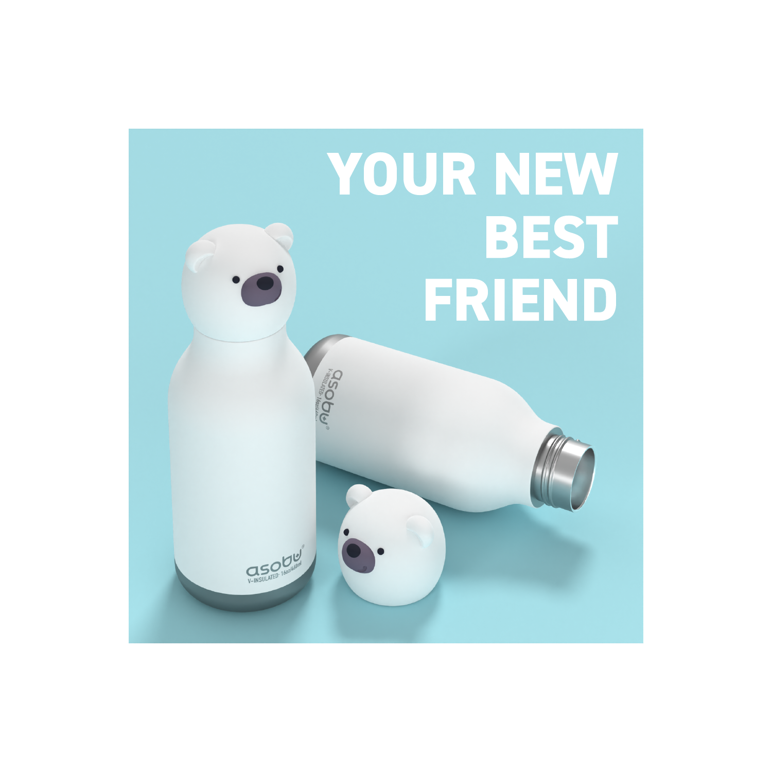 Bouteille d'eau isotherme pour enfants avec tête d'animal douce amovible de 16 oz d'Asobu Bestie