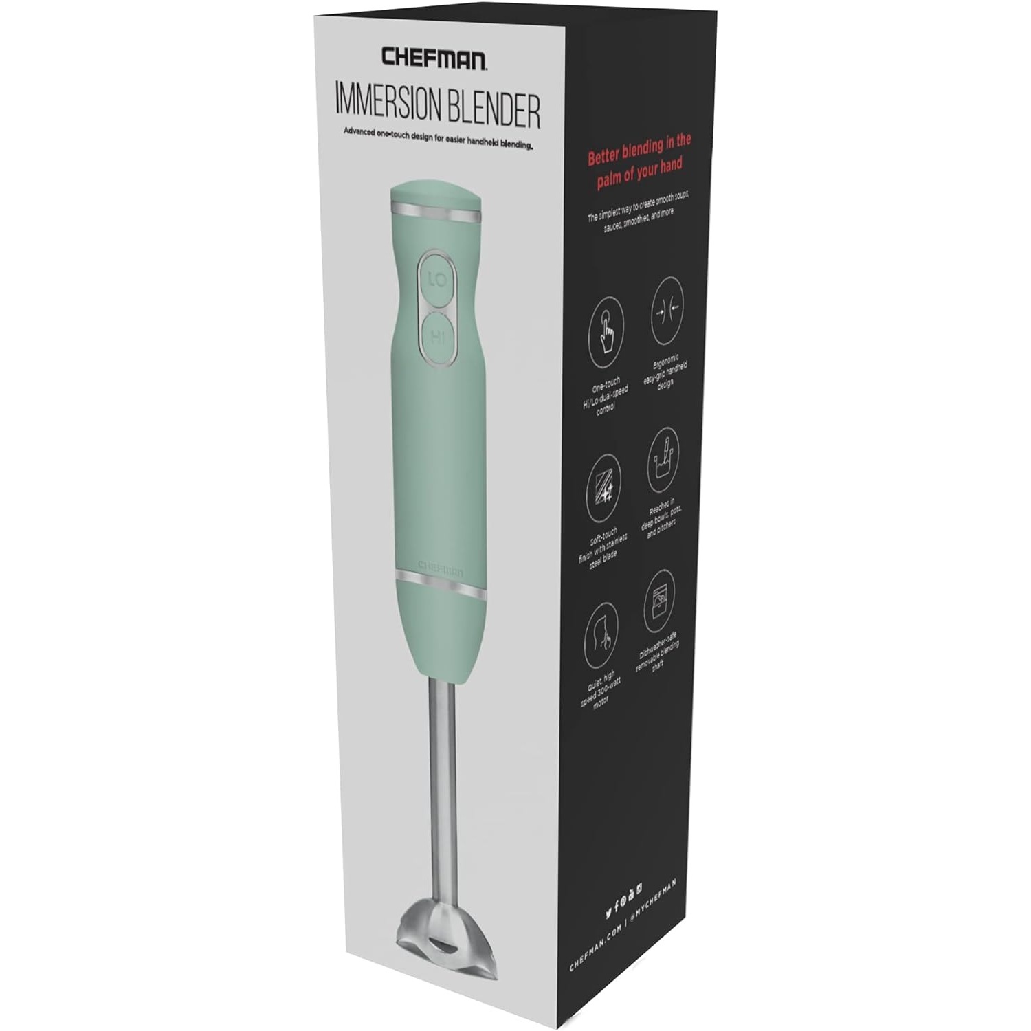 Chefman Immersion 300W Hand Blender with Stainless Steel Blades, Powerful Electric Ice Crushing 2-speed Control Handheld Food Mixer, Purées,