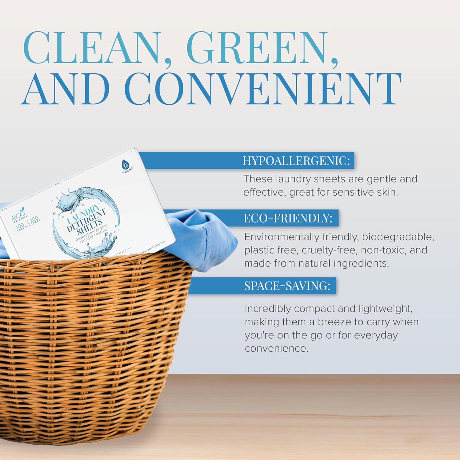 Feuilles de détergent à lessive naturel Pursonic, écologique, parfum de lin frais, 30 feuilles