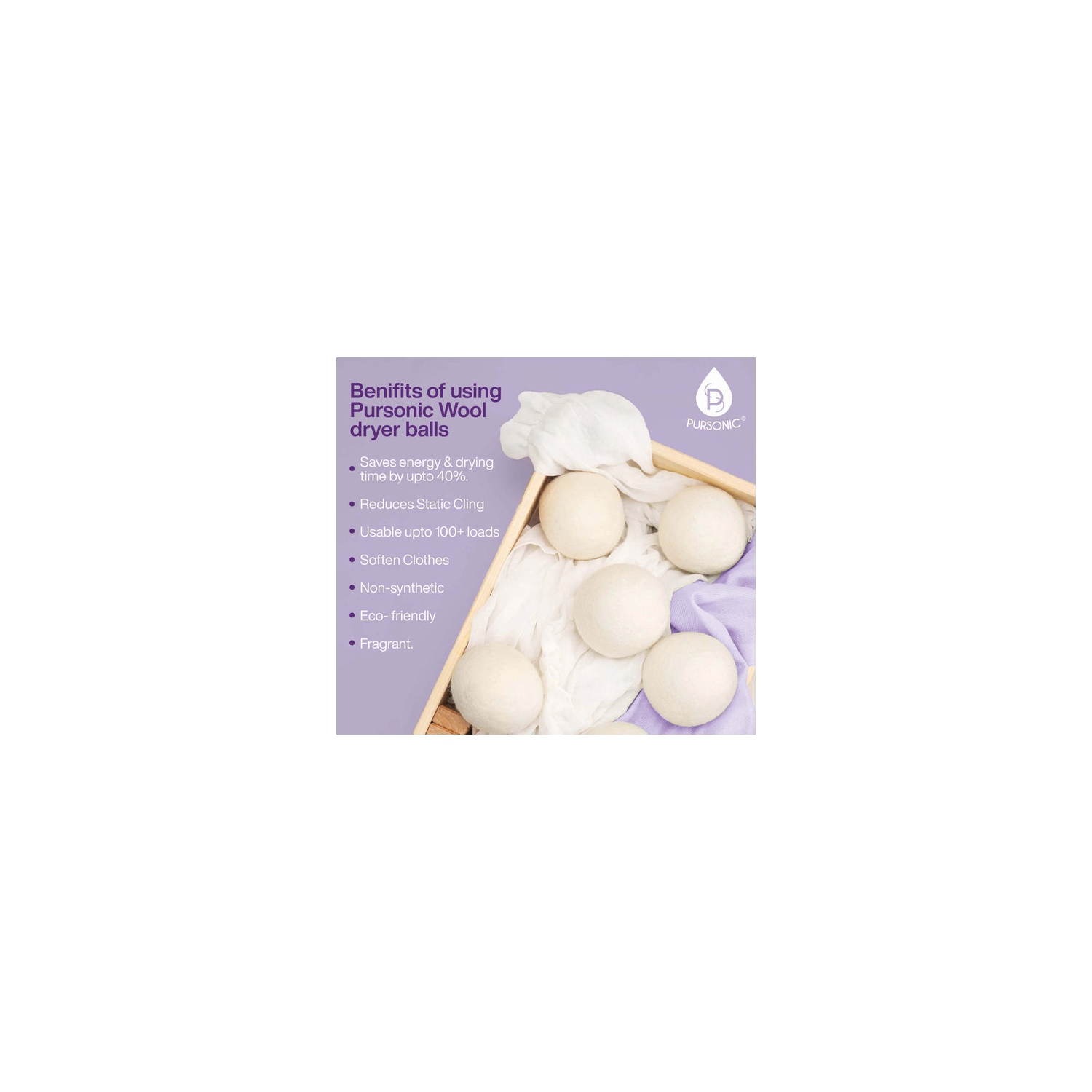 Ensemble de boules de séchage en laine de Pursonic - boules de lavage réutilisables faites de laine pure de Nouvelle-Zélande - comprend des huiles de