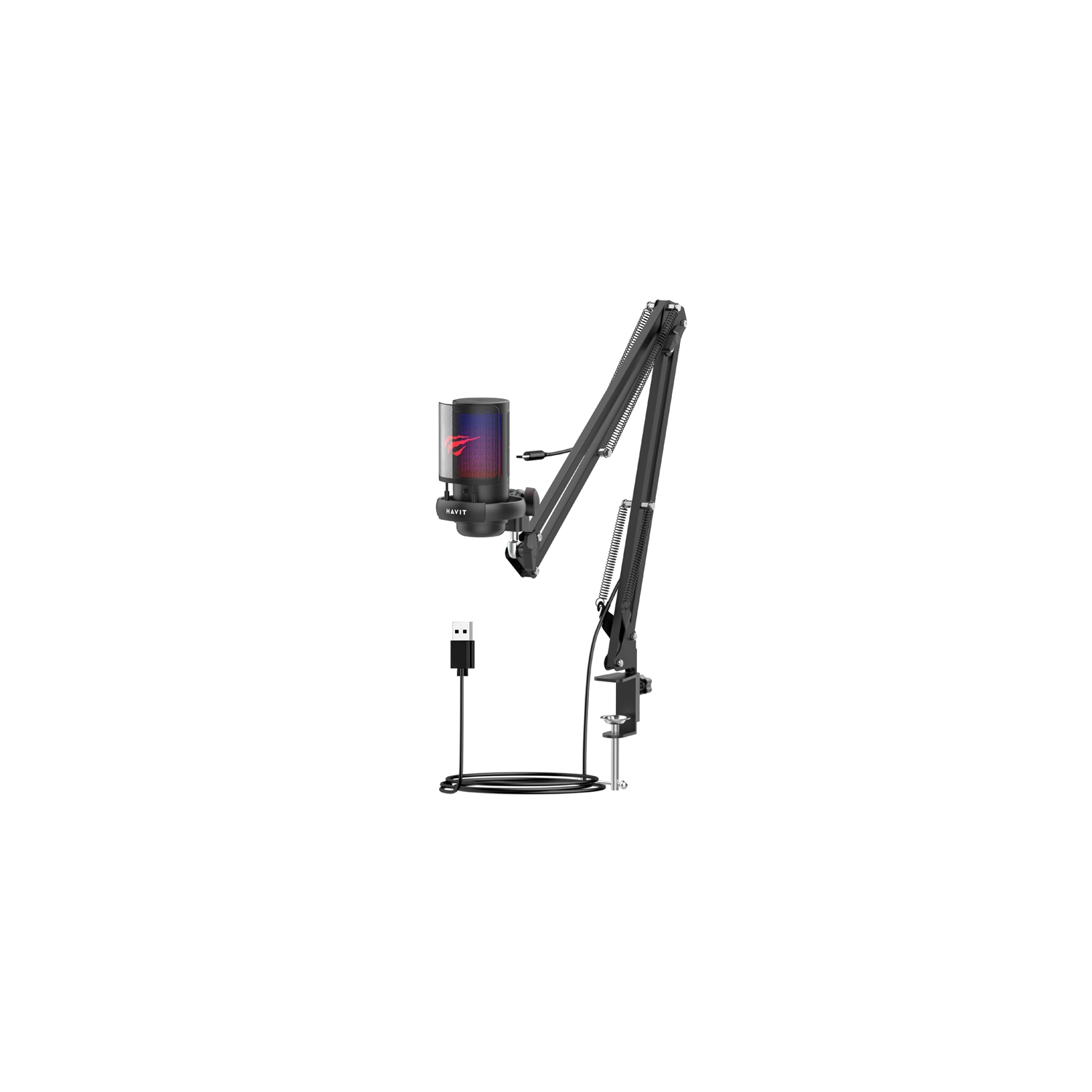 Havit GK50 Pro RGB USB Condenser Gamer Microphone with Desk Mount, Foldable Desk Mic Arm 360° Microphone for Live Streaming, Gaming, Podcasting,