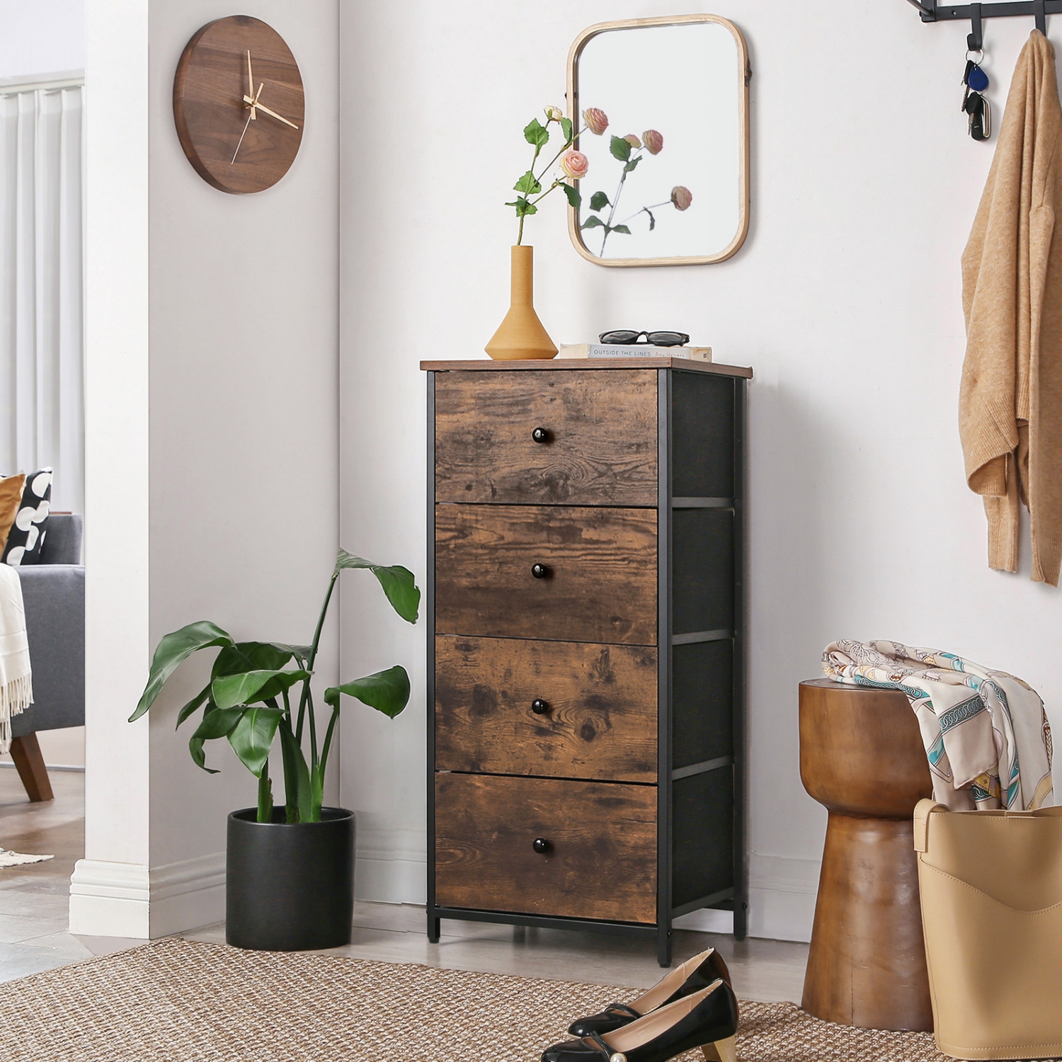 SONGMICS HOME Dresser for Bedroom, Fabric Dresser with 4 Drawers, Wooden Top and Front, Metal Frame, Small Chest of Drawers, Rustic Brown and Black