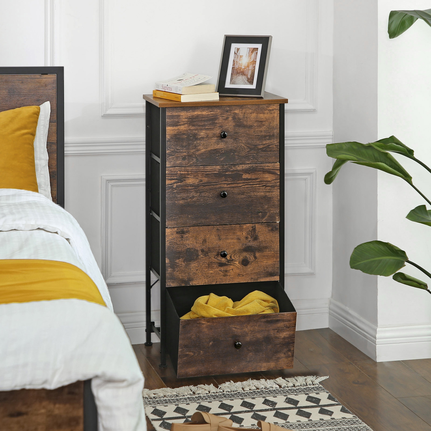 SONGMICS HOME Dresser for Bedroom, Fabric Dresser with 4 Drawers, Wooden Top and Front, Metal Frame, Small Chest of Drawers, Rustic Brown and Black