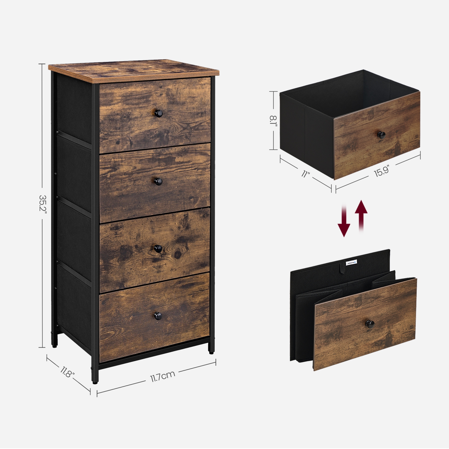 SONGMICS HOME Dresser for Bedroom, Fabric Dresser with 4 Drawers, Wooden Top and Front, Metal Frame, Small Chest of Drawers, Rustic Brown and Black