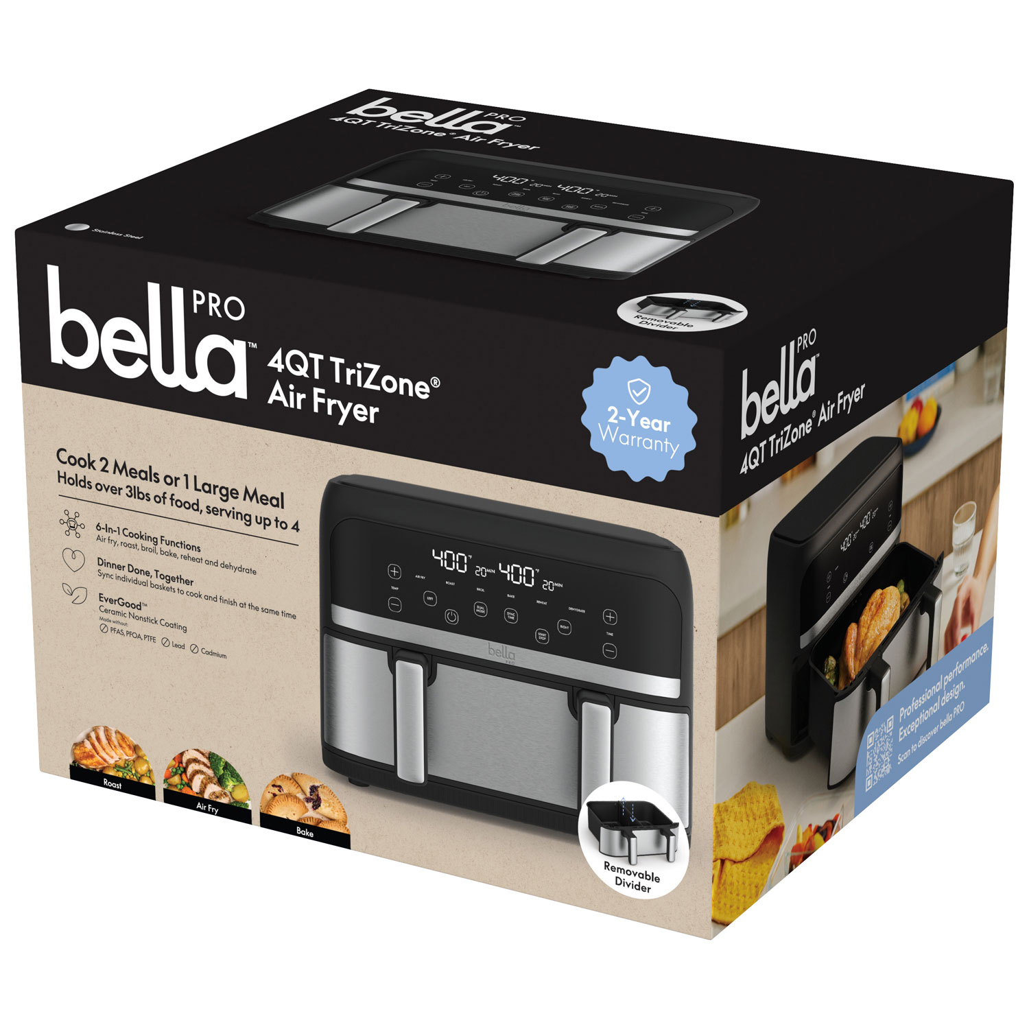 Friteuse à air chaud Pro Mini Trizone Flex de Bella avec céramique EverGood - 3,8 l - Acier inoxydable - Exclusivité de Best Buy