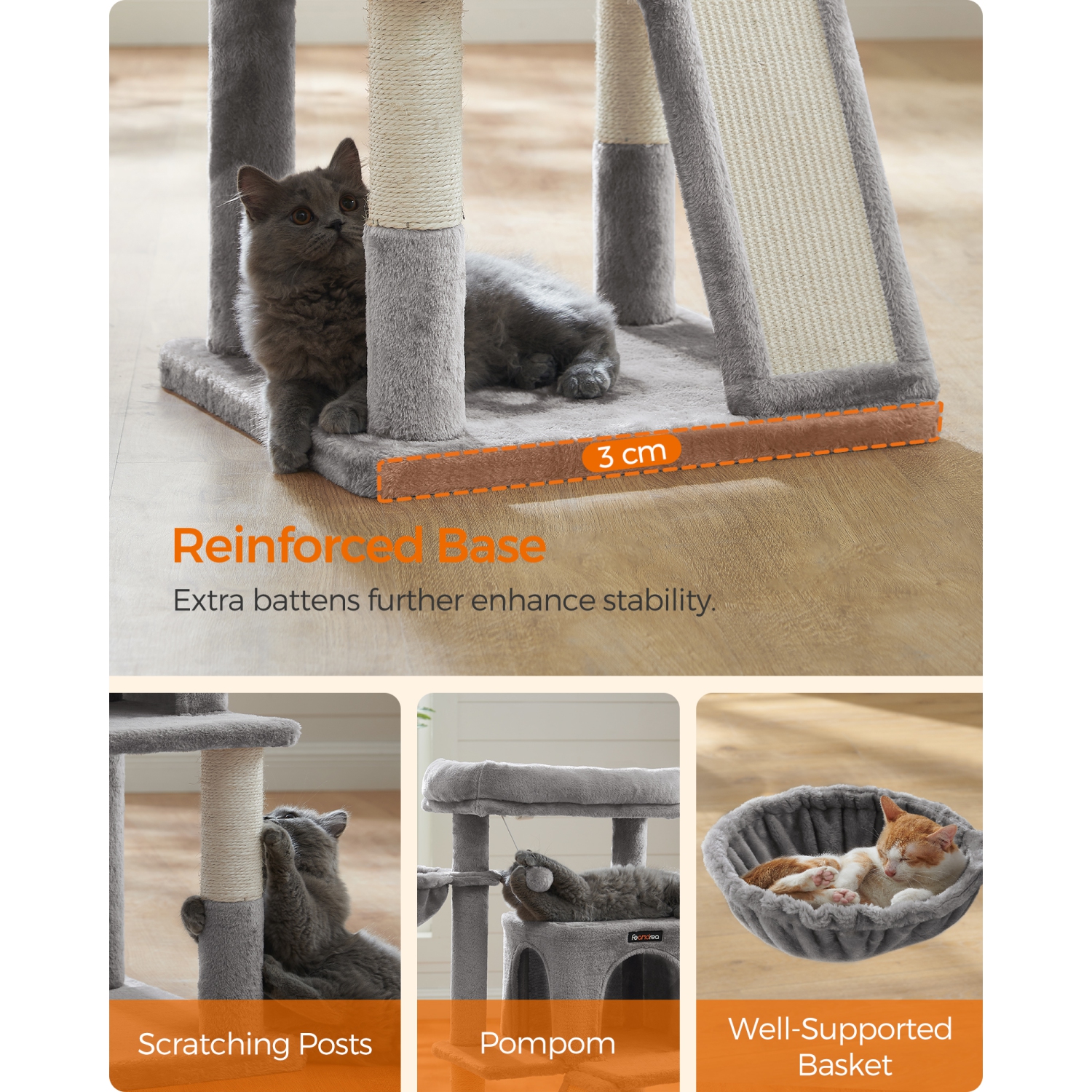 SONGMICS HOME Cat Tree, Small Cat Tower with Widened Perch for Large Cats Indoor, Kittens, 96 cm Multi-Level Cat Condo with Scratching Posts and