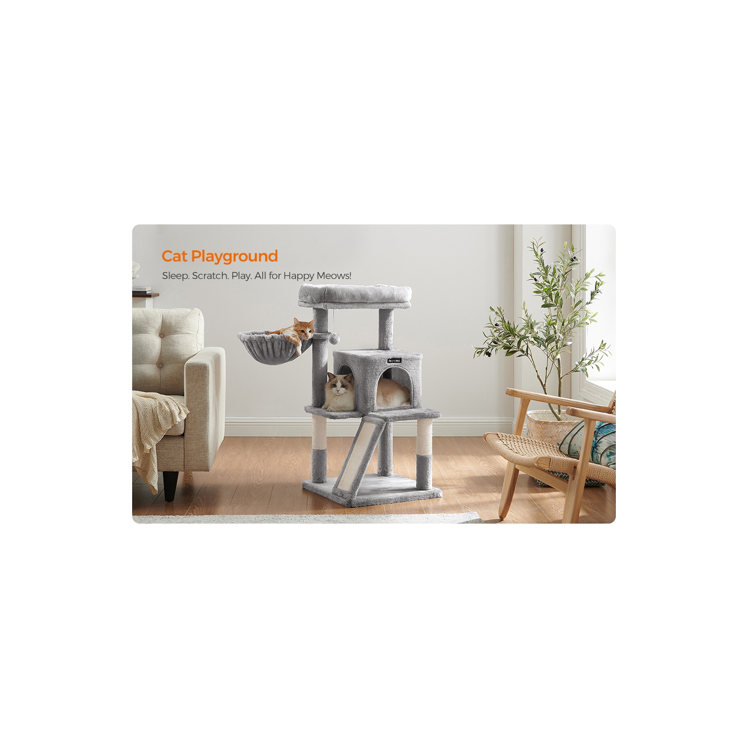 SONGMICS HOME Cat Tree, Small Cat Tower with Widened Perch for Large Cats Indoor, Kittens, 96 cm Multi-Level Cat Condo with Scratching Posts and