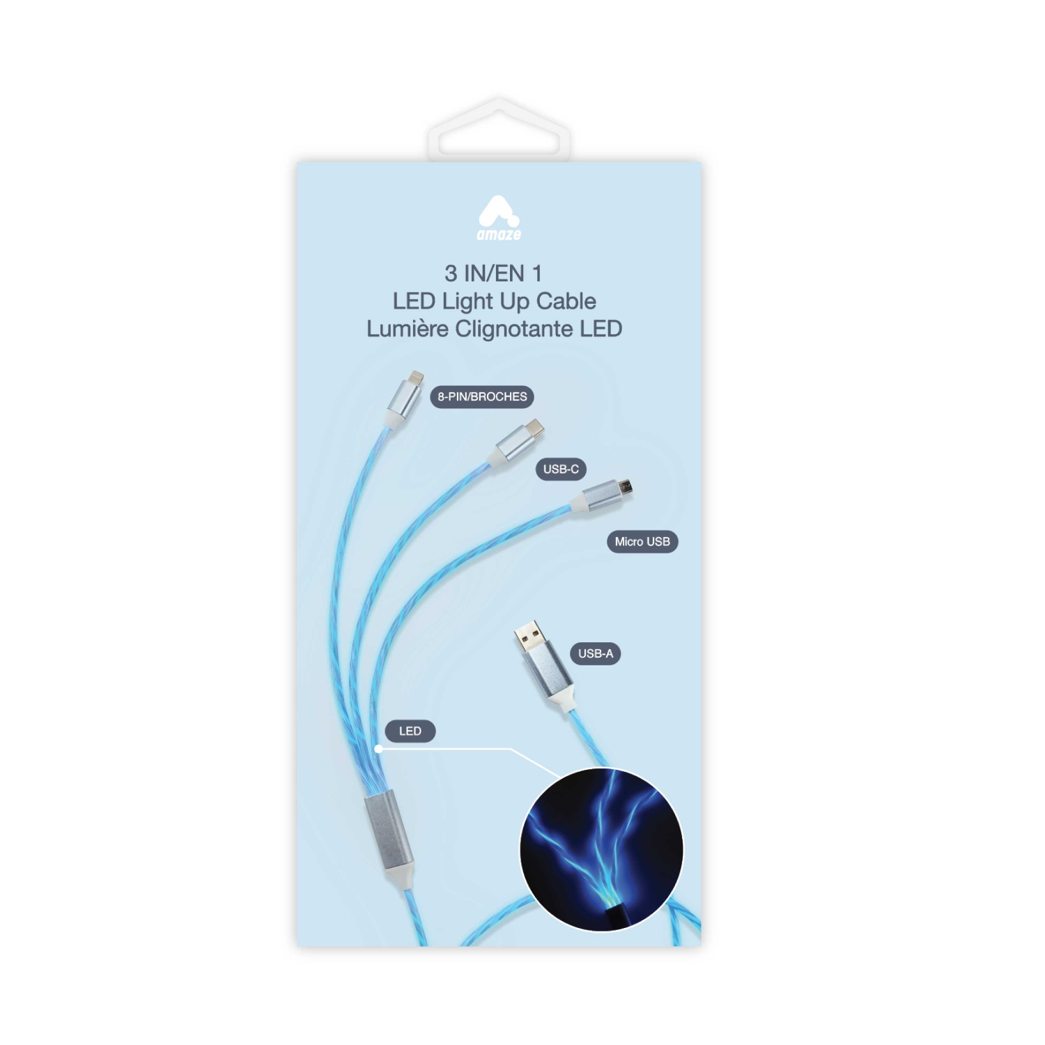 Amaze 3.5-foot USB-A to C Lightning Micro Light-up Cable - Blue