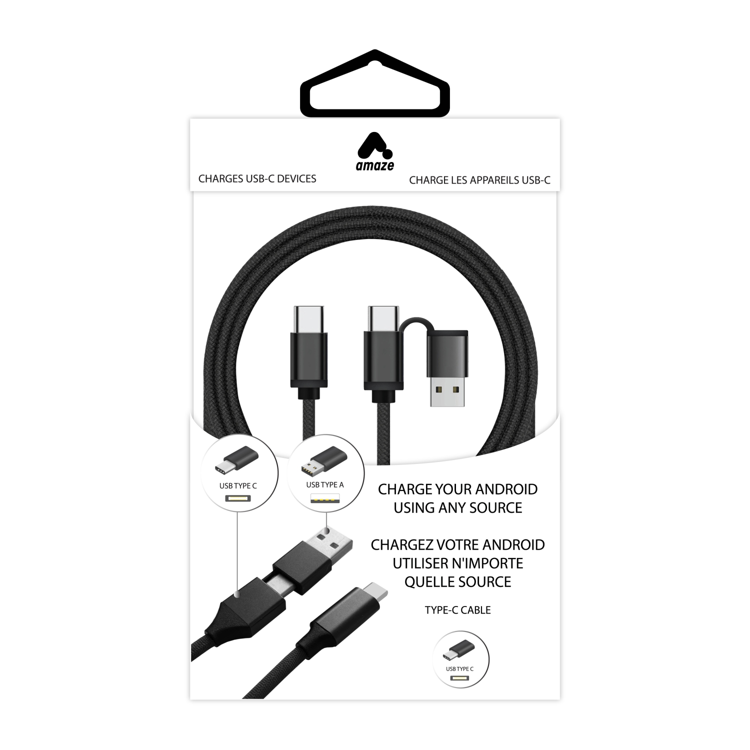 AMAZE 5FT USBA & C TO USB-C HIGH SPEED PD CABLE - BLACK