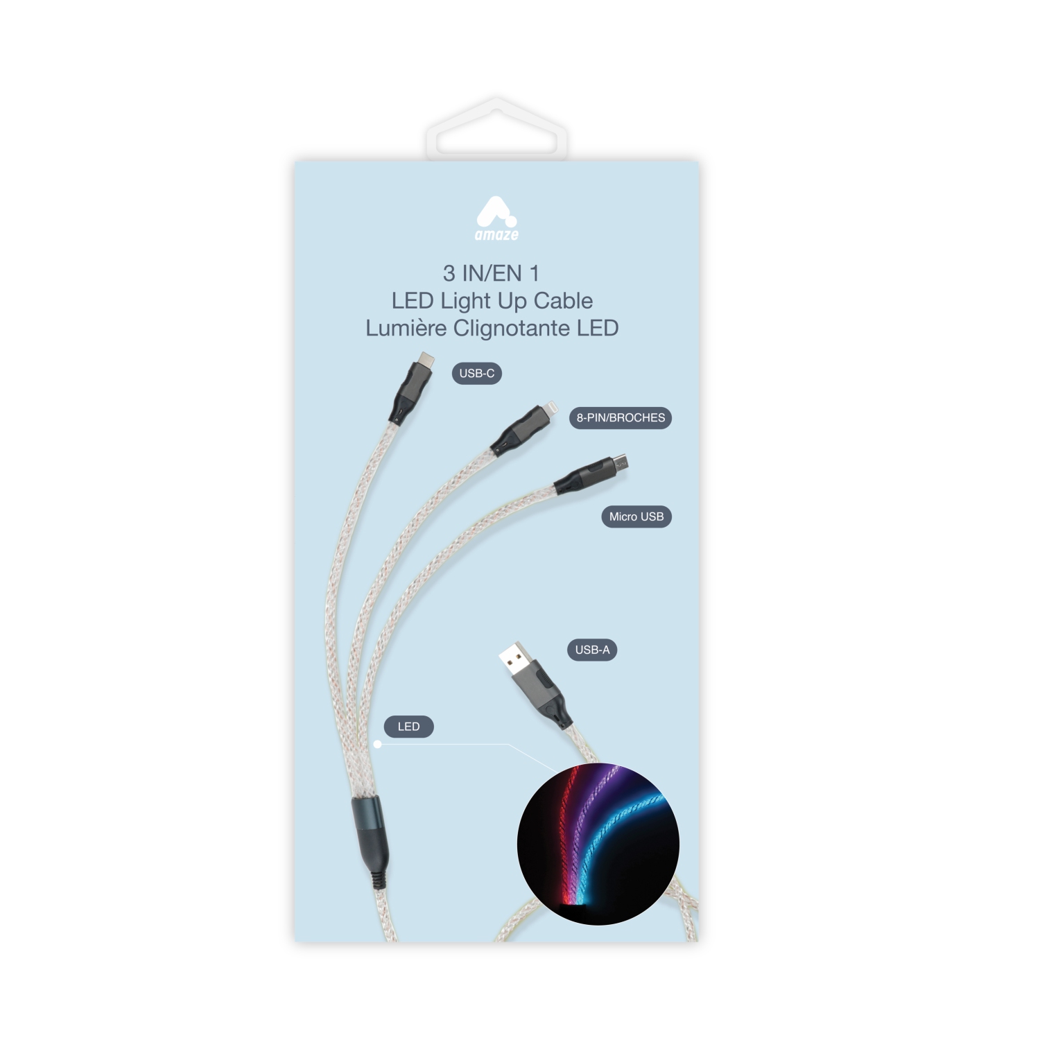 Amaze 3.5-foot USB-A to C Lightning Micro Light-up Cable - Multicoloured