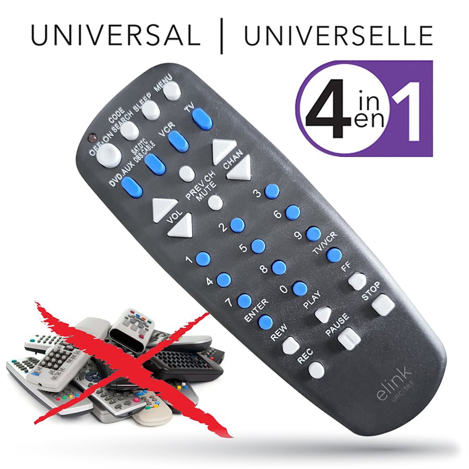 Elink - 4 in 1 Universal Remote Control, Easy to Handle, Black