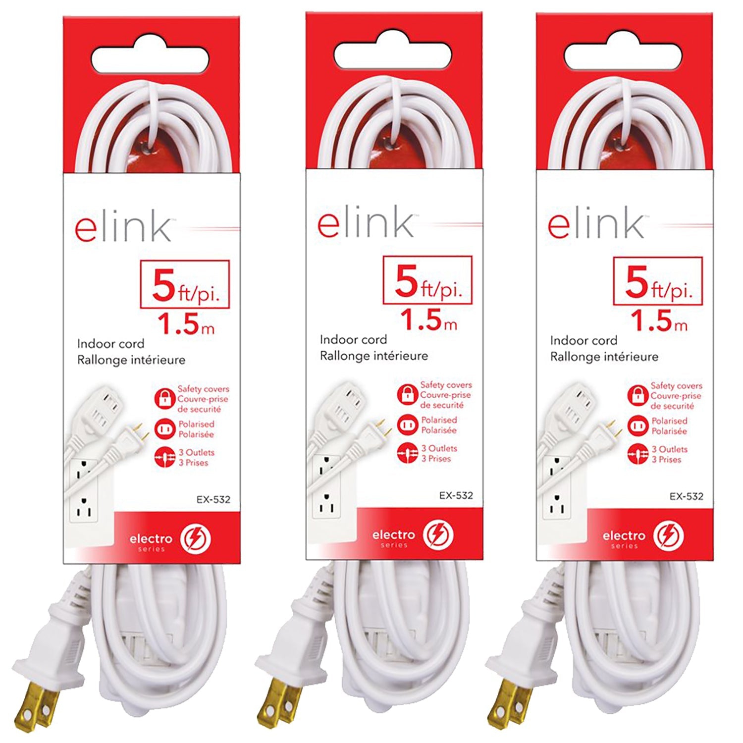 Elink - Set of 3 3-Outlet Indoor Electrical Extension Cords, 5 Feet Length, White